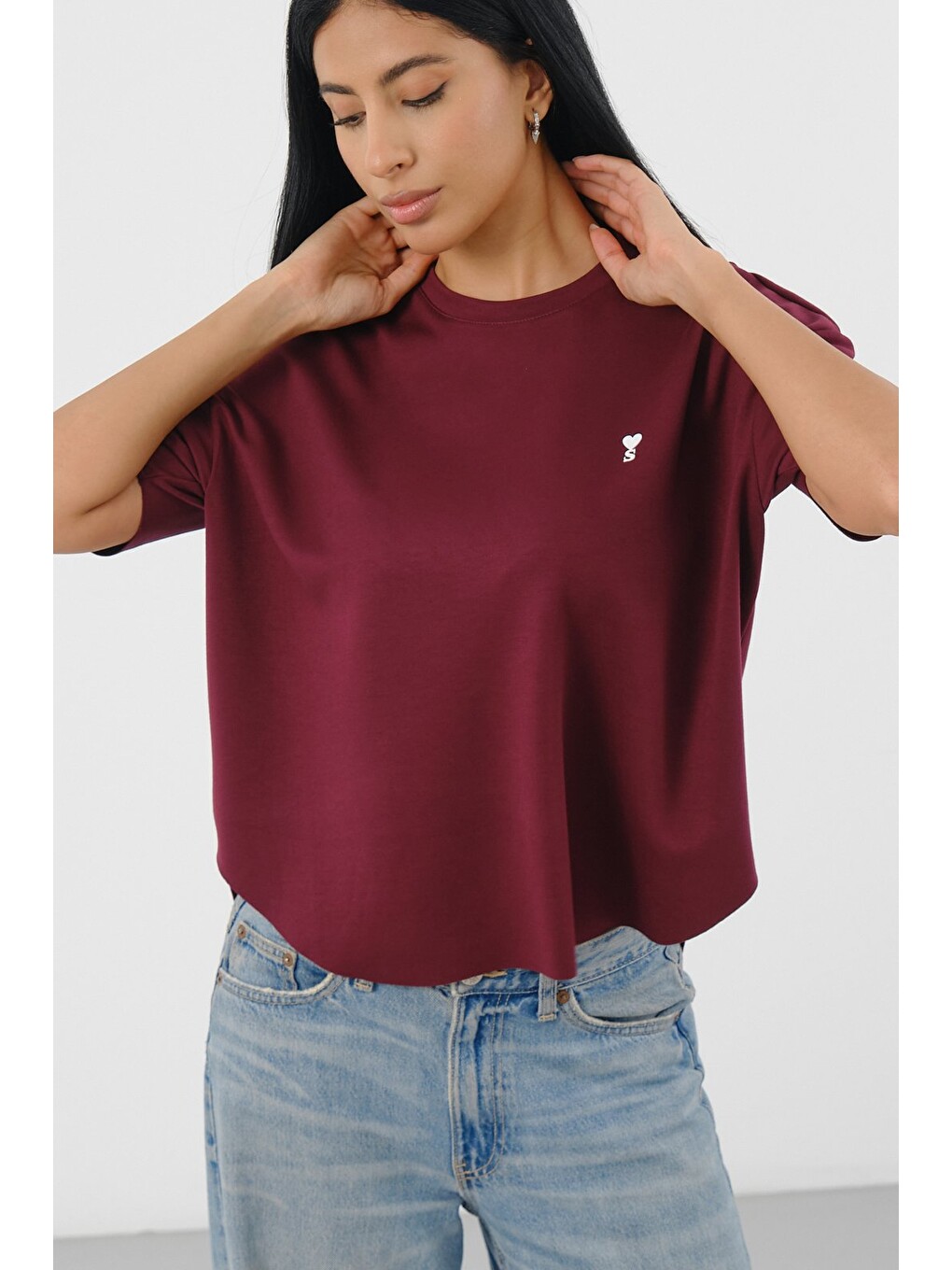 Bordo Kadın Oversize Boxy T-Shirt Bisiklet Yaka Rahat Kalıp Tişört-2