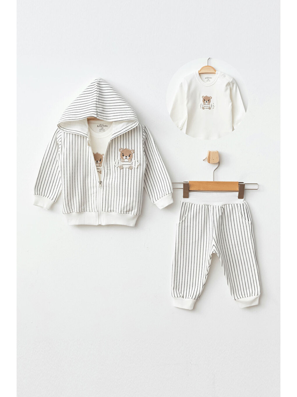 AZİZ BEBE Erkek Bebek Ayı Nakışlı Sweatshirt Pantolon T-shirt 3 'lü Alt Üst Bebek Takımı 3Ay-36Ay