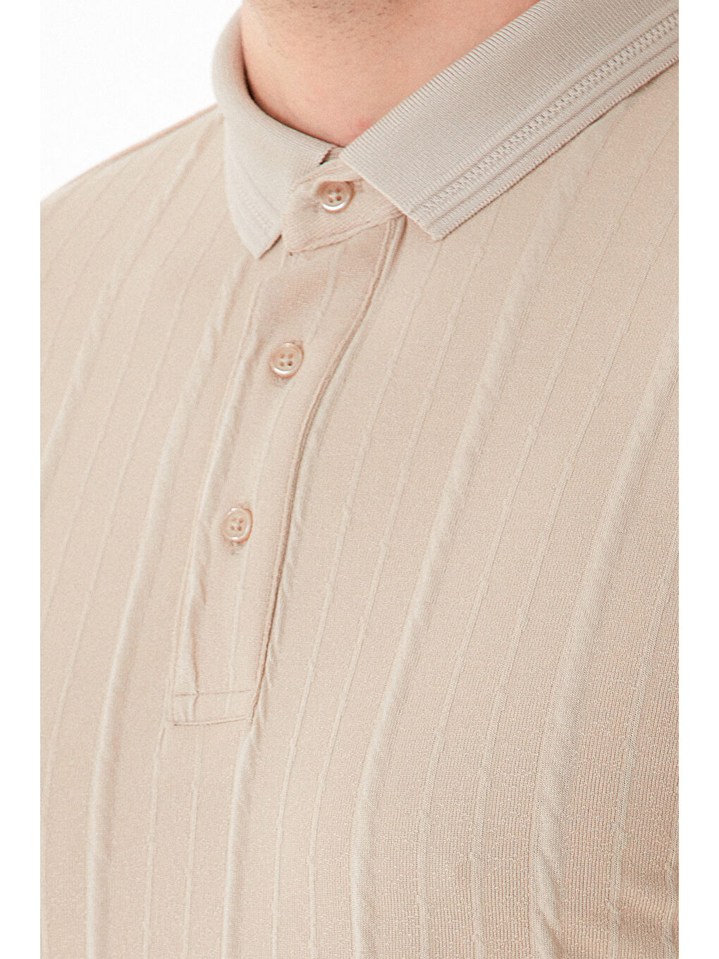 Bej Şeritli Polo Yaka Slim Fit Tişört-4