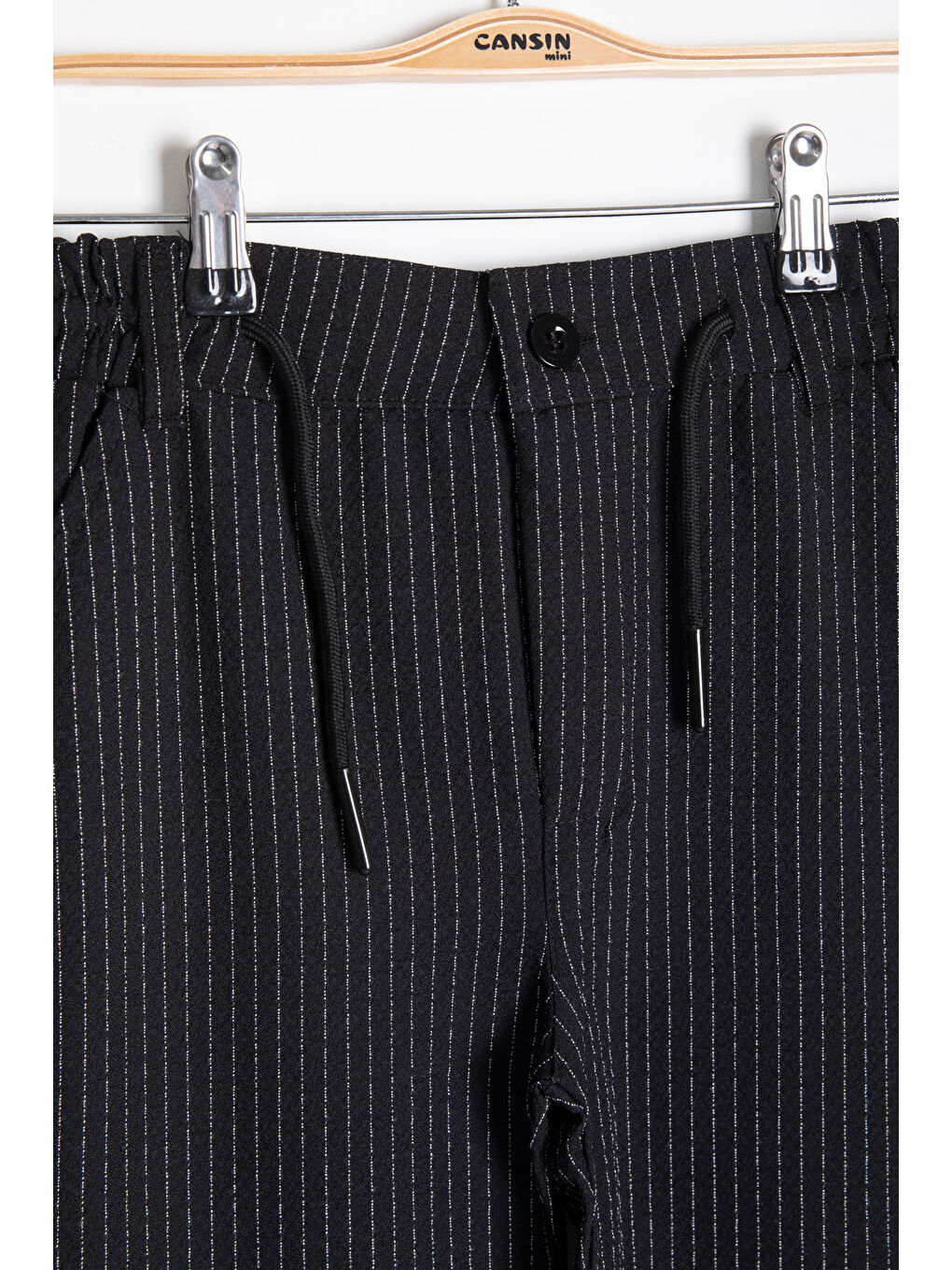 Siyah Erkek Çocuk Çizgili Duble Paça Gofre Kumaş Pantolon 21050-1