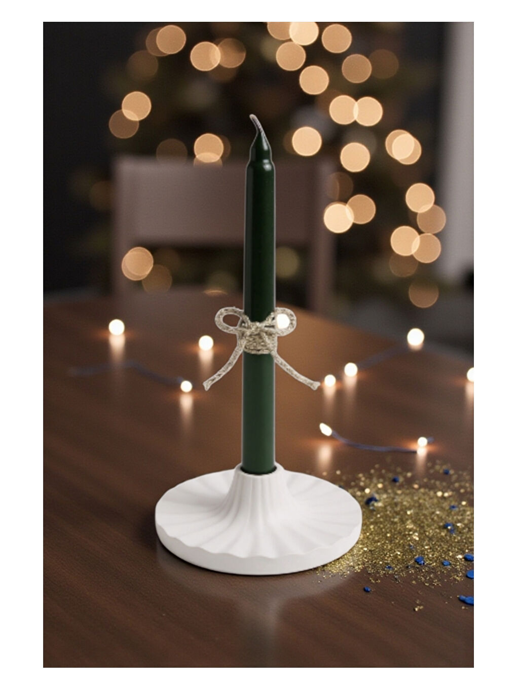 Dekoratif Pileli Beyaz Şamdanlık ve Yeşil Mum | İskandinav Tarzı | Taş Tozu El Yapımı Mumluk-2