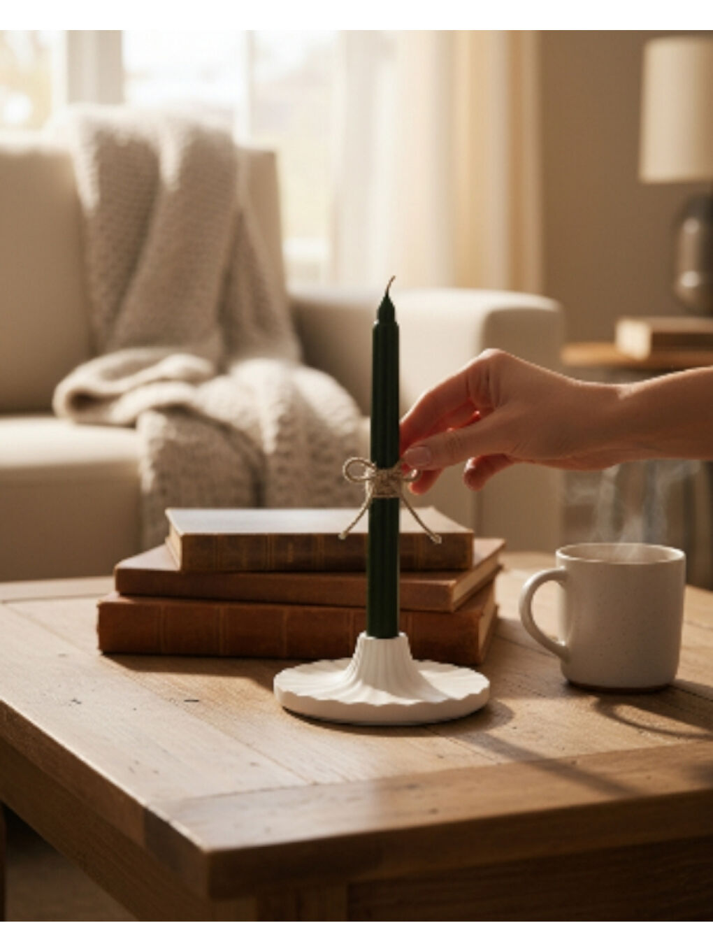 Dekoratif Pileli Beyaz Şamdanlık ve Yeşil Mum | İskandinav Tarzı | Taş Tozu El Yapımı Mumluk-3