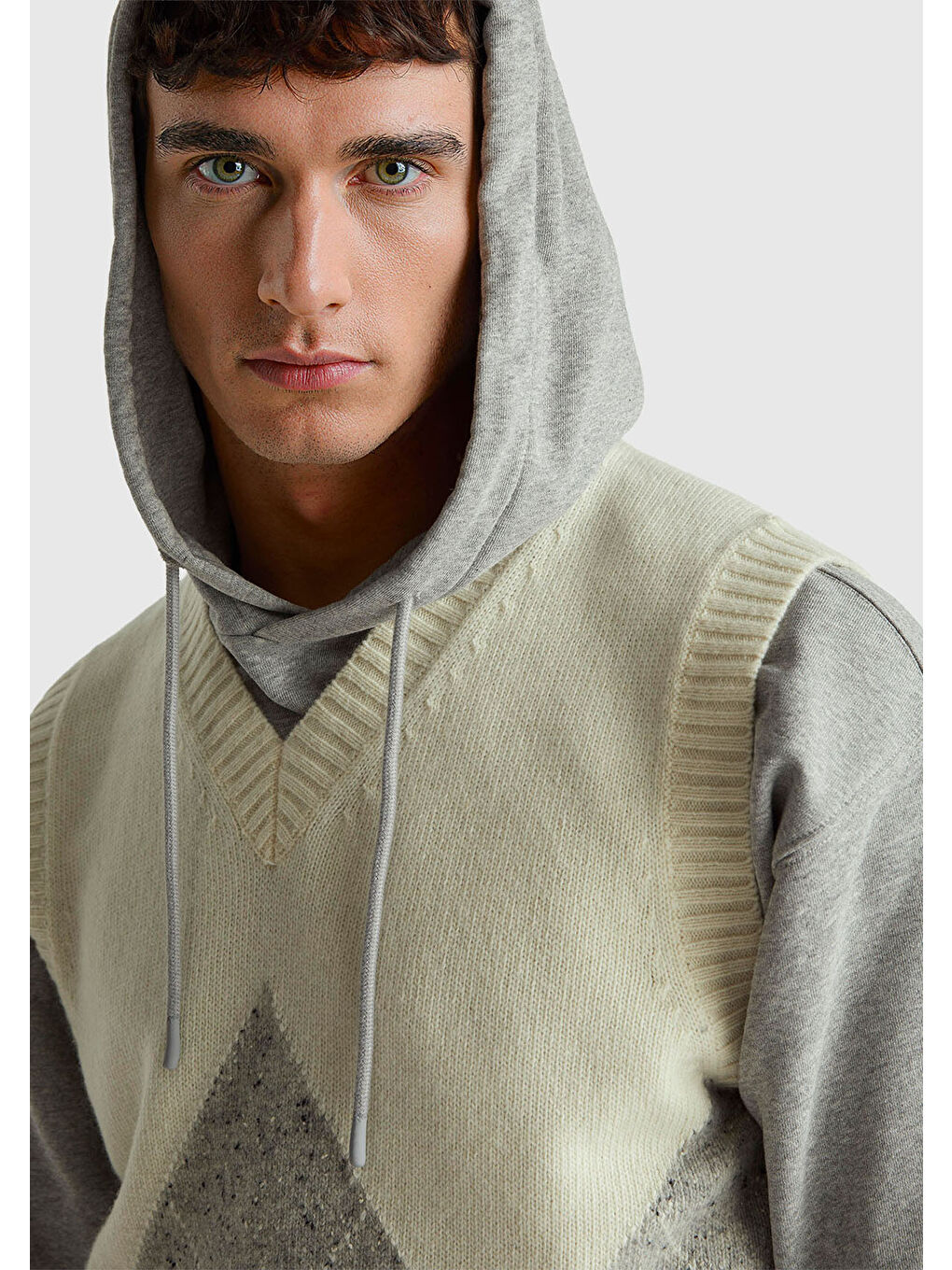 Ekru Erkek Krem Yün Karışımlı Baklava Desenli Ribana Detaylı Kolsuz Kazak Süveter-5