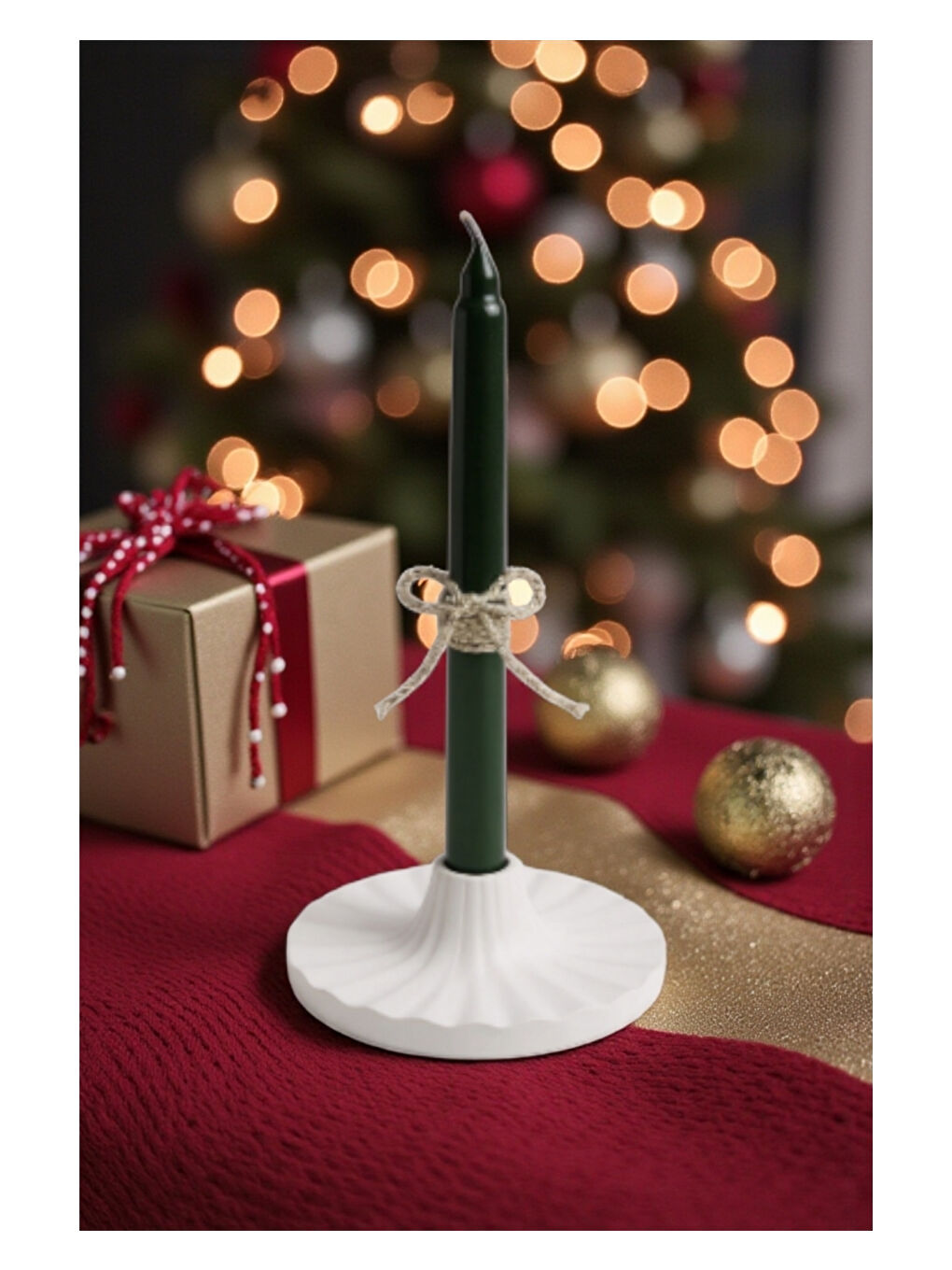 Dekoratif Pileli Beyaz Şamdanlık ve Yeşil Mum | İskandinav Tarzı | Taş Tozu El Yapımı Mumluk-4