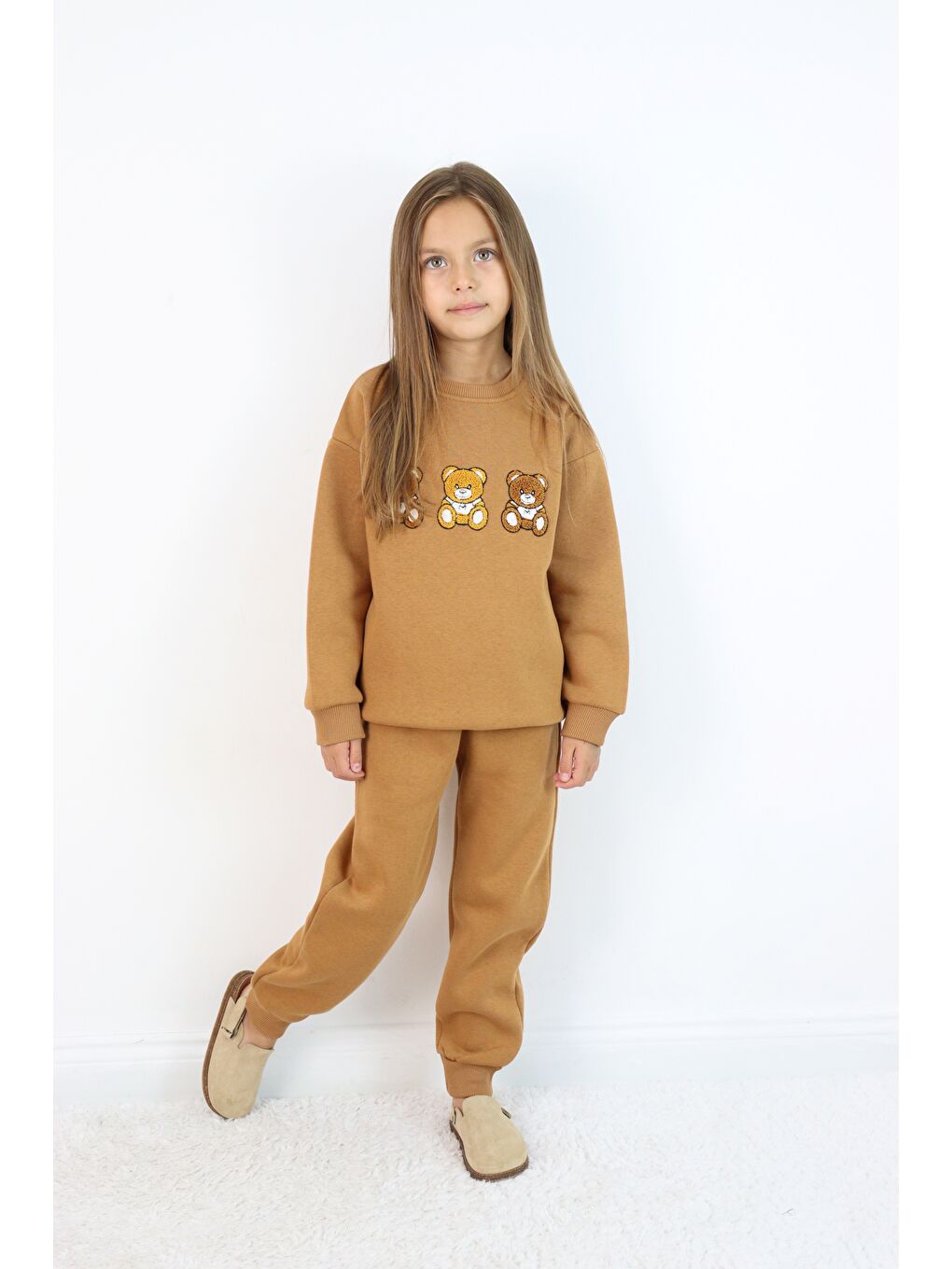 Kahverengi Kız Çocuk 3'lü Ayıcık Nakışlı 3 İplik Oversize Şardonlu Takım-1