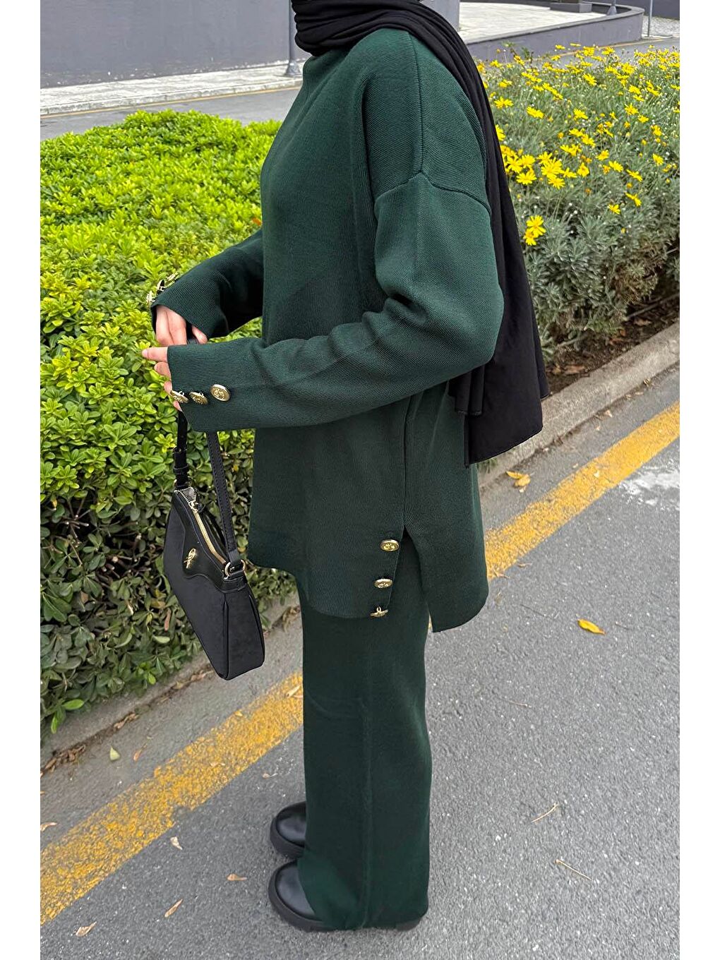 Düğme Detaylı Triko Takım Zümrüt Yeşili-2