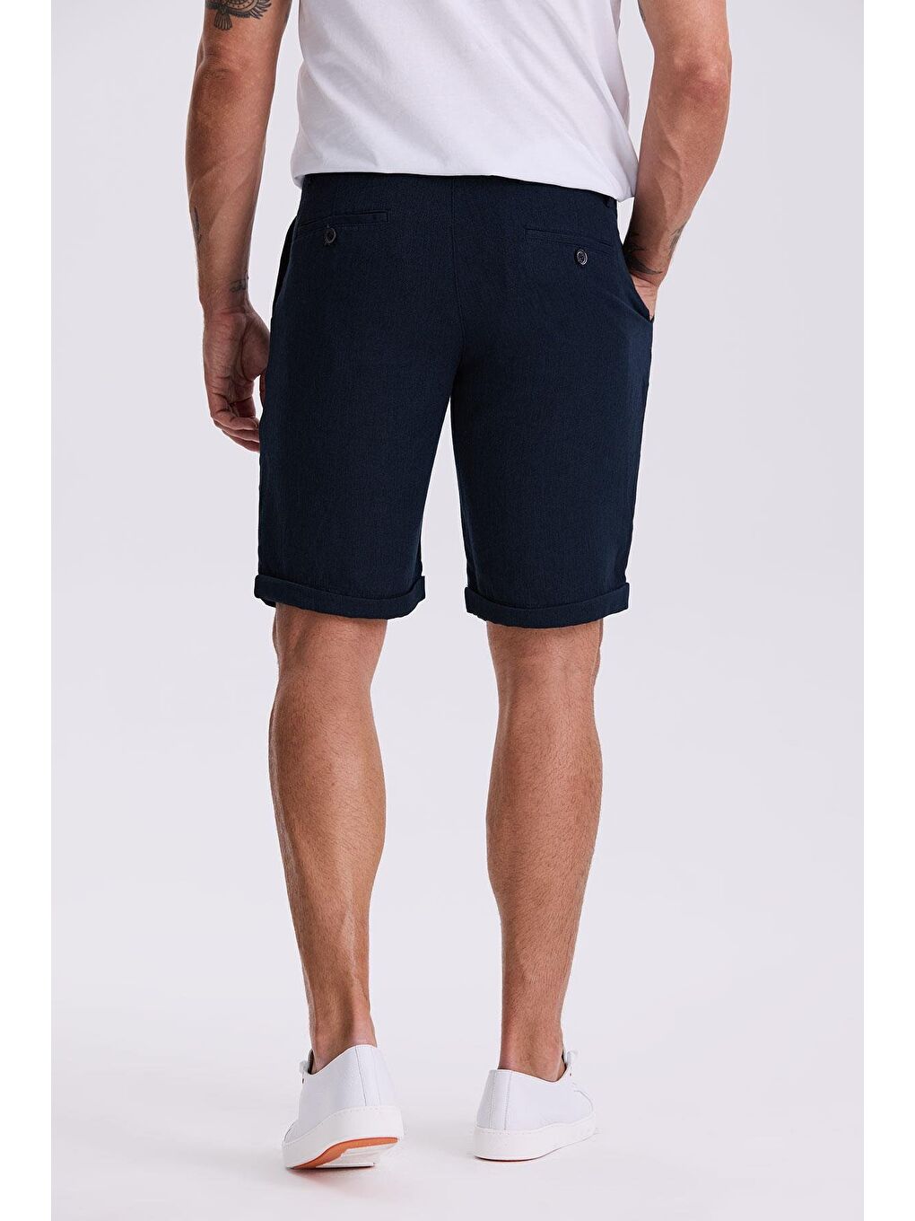 Koyu Lacivert Comfort Fit Keten Dokulu Rahat Kesim Duble Paça Şort-3