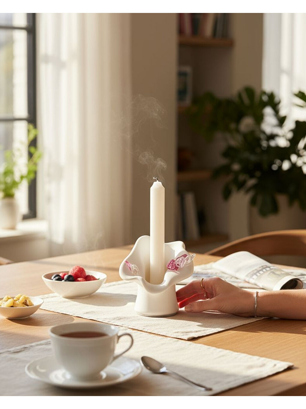 Özel Tasarım Kelebekli Beyaz Mumluk | El Yapımı Taş Tozu | Hediyelik Masa Süsü | Şamdan Mumluk-1