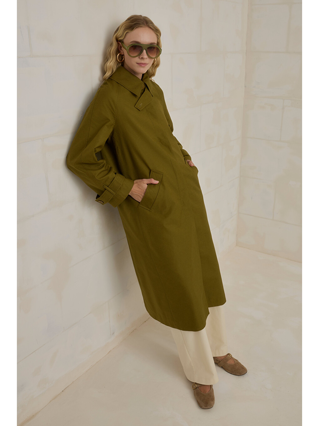 Gabardin Trençkot Yağ Yeşili