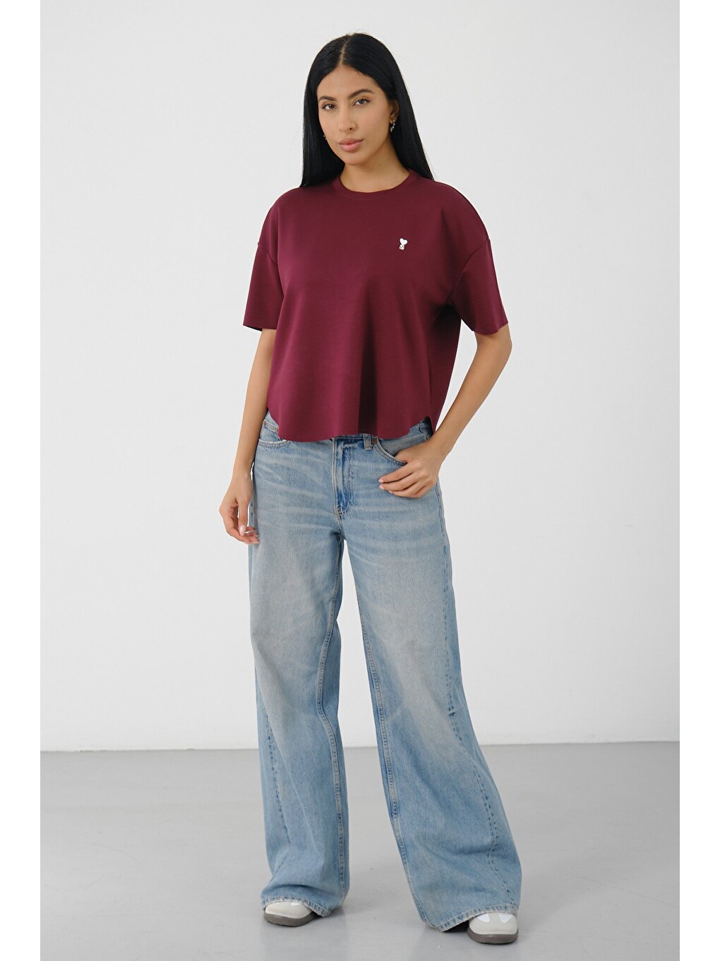 Bordo Kadın Oversize Boxy T-Shirt Bisiklet Yaka Rahat Kalıp Tişört-3
