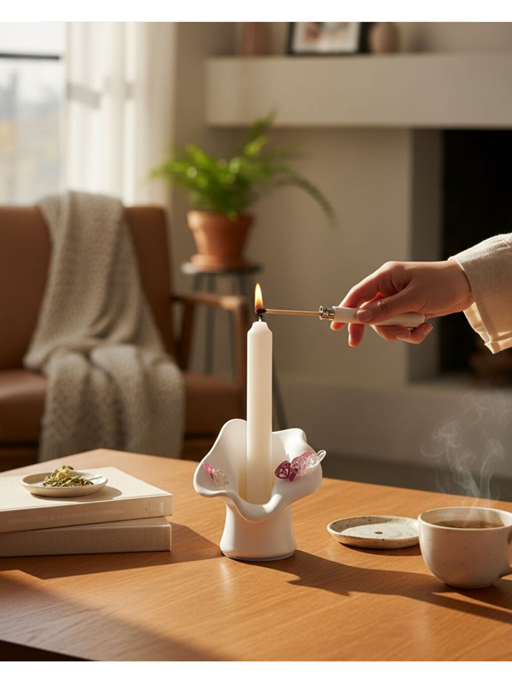 Özel Tasarım Kelebekli Beyaz Mumluk | El Yapımı Taş Tozu | Hediyelik Masa Süsü | Şamdan Mumluk-4