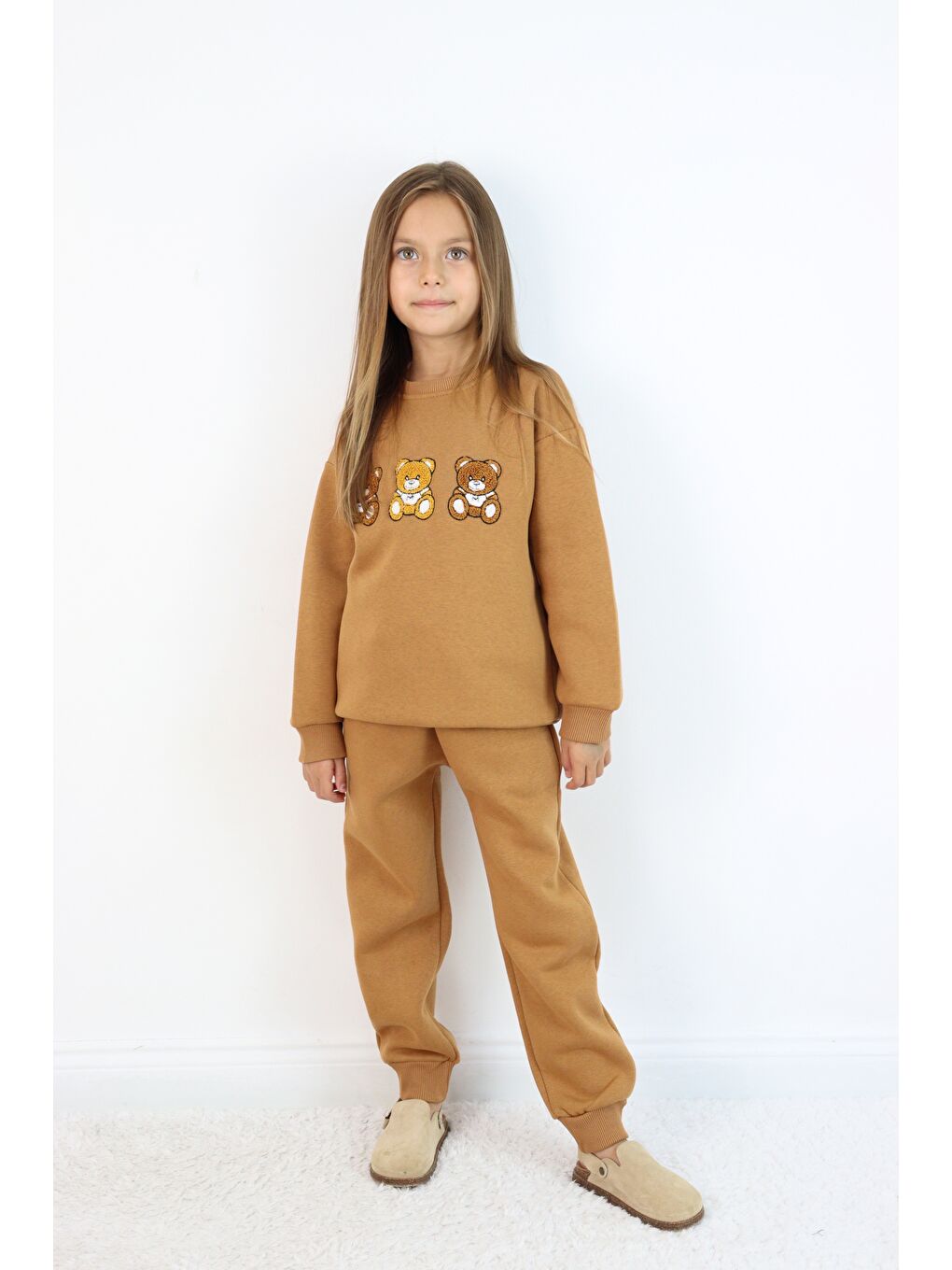 Kahverengi Kız Çocuk 3'lü Ayıcık Nakışlı 3 İplik Oversize Şardonlu Takım-2