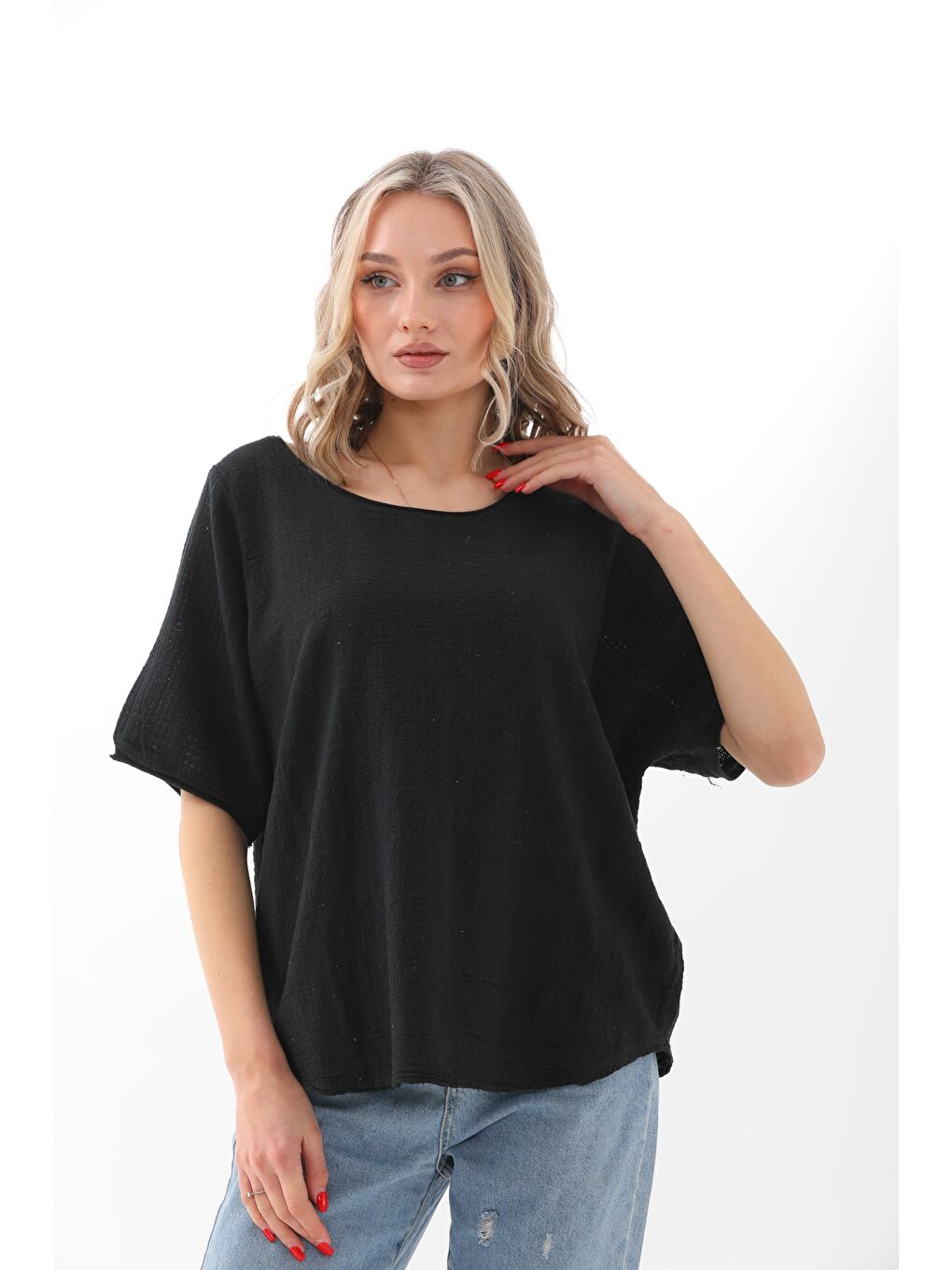 Siyah Kayık Yaka Kısa Kol Yıkamalı Pamuklu Dokuma Basic Casual Bluz-1