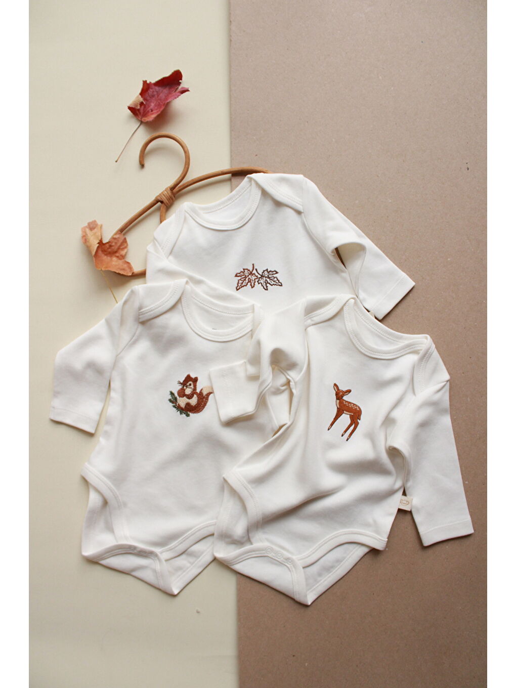 Ekru 3'lü Forest Serisi Uzun Kollu Çıt Çıtlı Body Zıbın Model 10