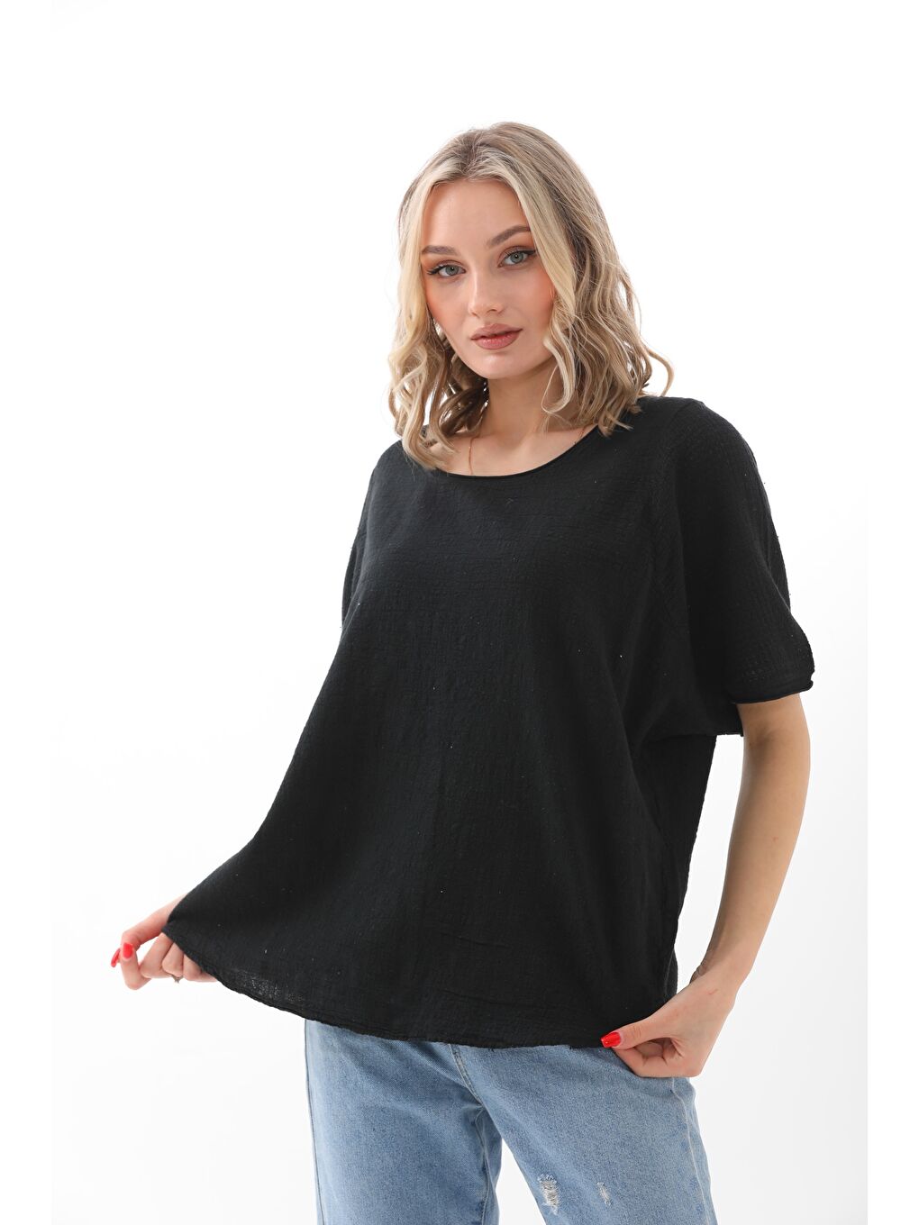 Siyah Kayık Yaka Kısa Kol Yıkamalı Pamuklu Dokuma Basic Casual Bluz-2