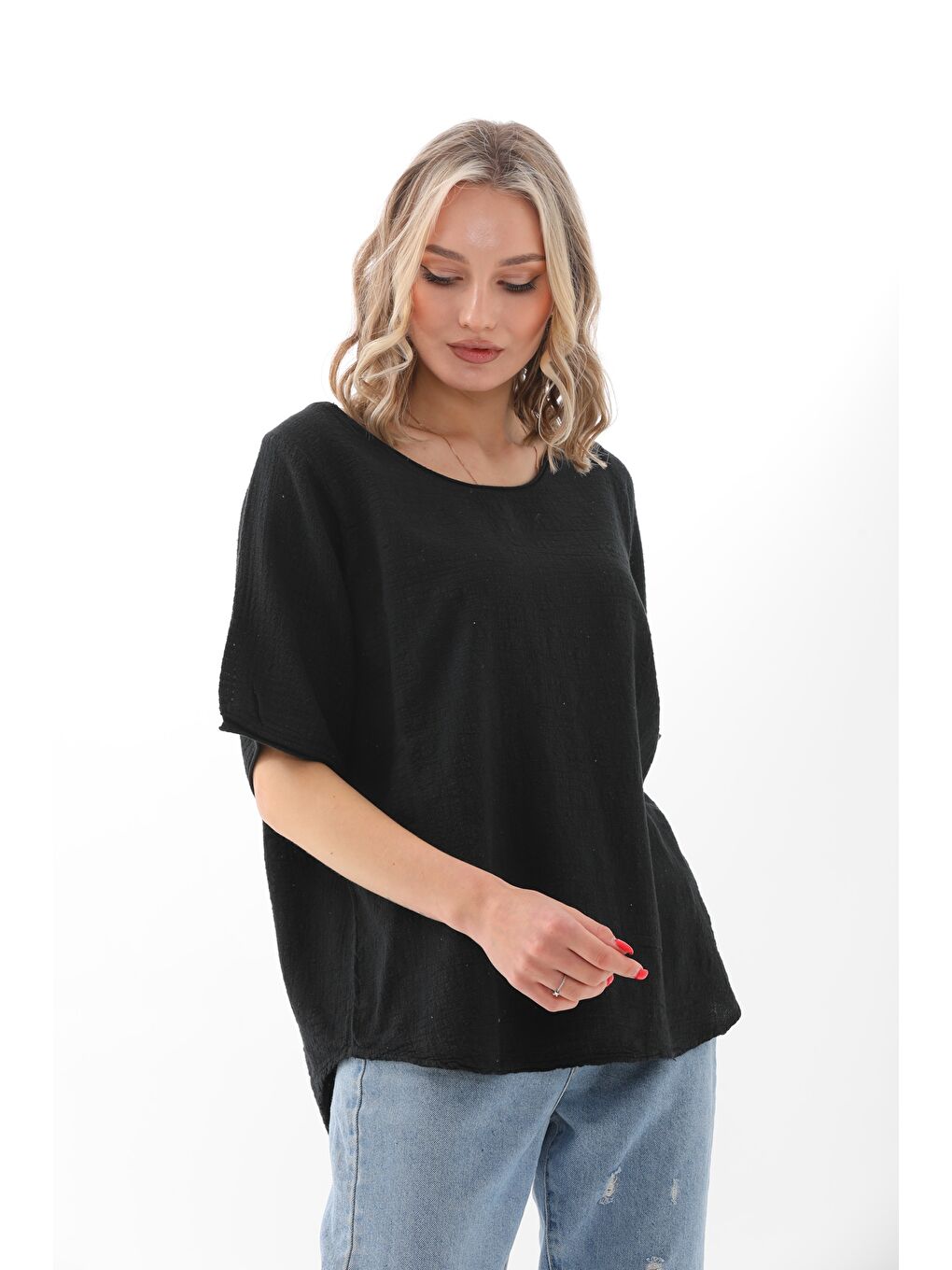 Siyah Kayık Yaka Kısa Kol Yıkamalı Pamuklu Dokuma Basic Casual Bluz-3