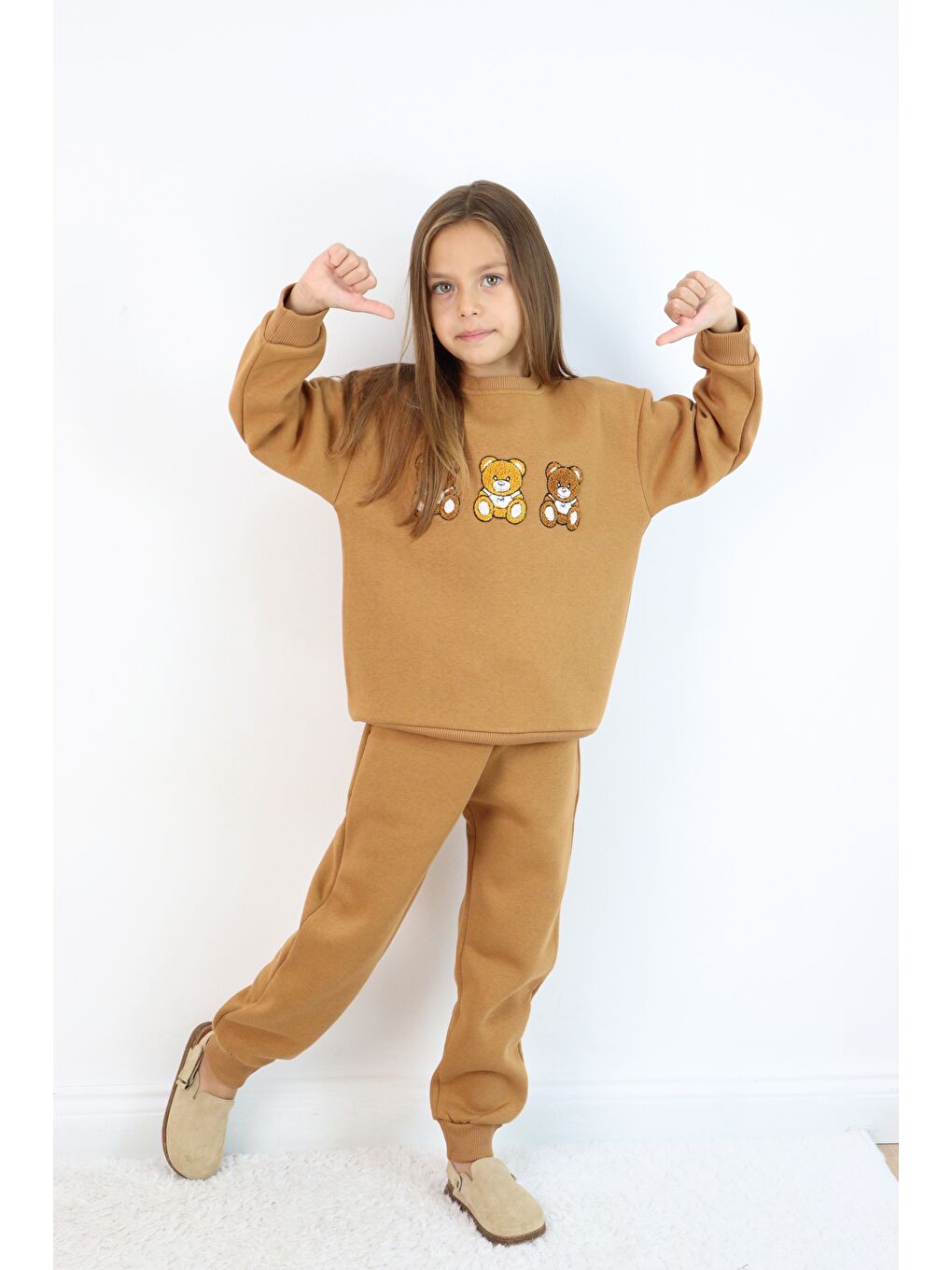 Kahverengi Kız Çocuk 3'lü Ayıcık Nakışlı 3 İplik Oversize Şardonlu Takım-3