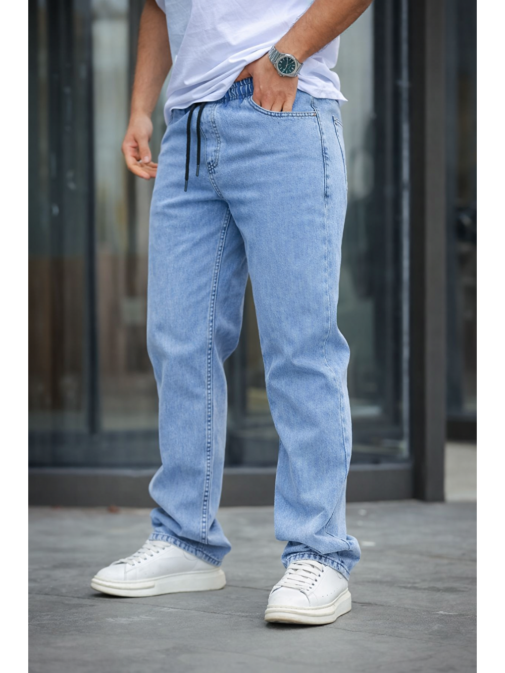 Mavi Erkek Baggy Rahat Kalıp Bel Lastikli Pantolon-1