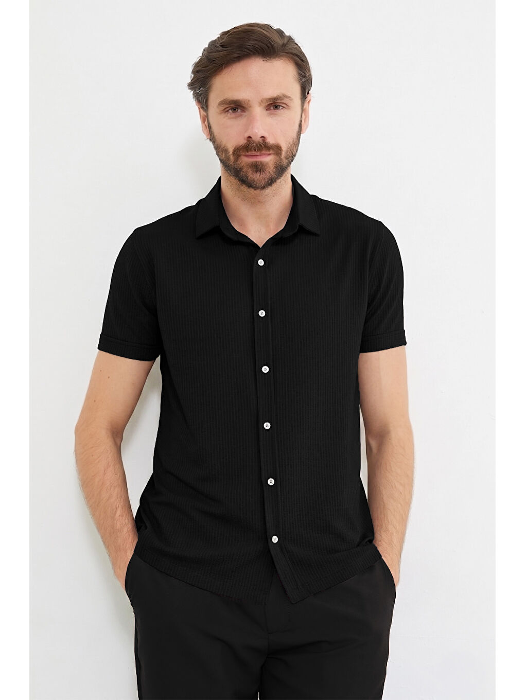Siyah Fitilli Kolu Katlı Slim Fit Gömlek