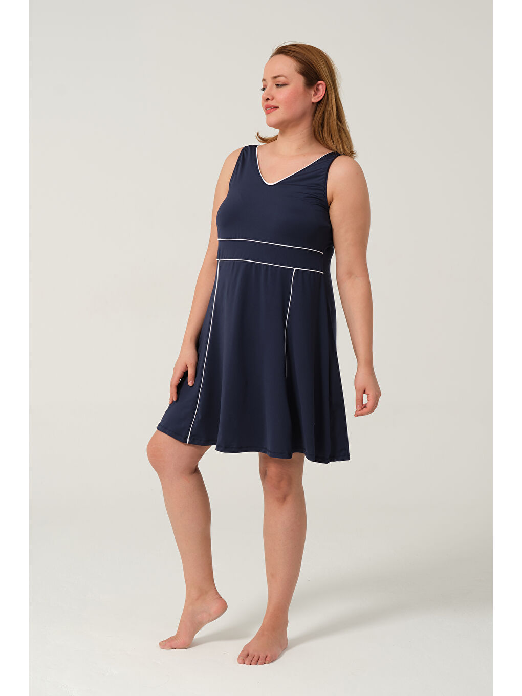 Lacivert Kadın Sıfır Kol Büyük Beden Şortlu Hızlı Kuruyan Biyeli Şortlu Elbise Mayo-2