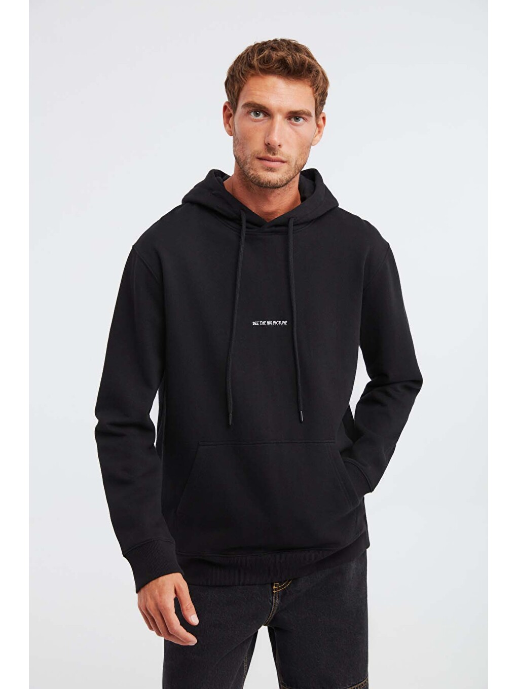 Epıc Erkek Organik Pamuklu Yumuşacık Nakış Detaylı Kapüşonlu Kordonlu Regular Siyah Sweatshirt-3