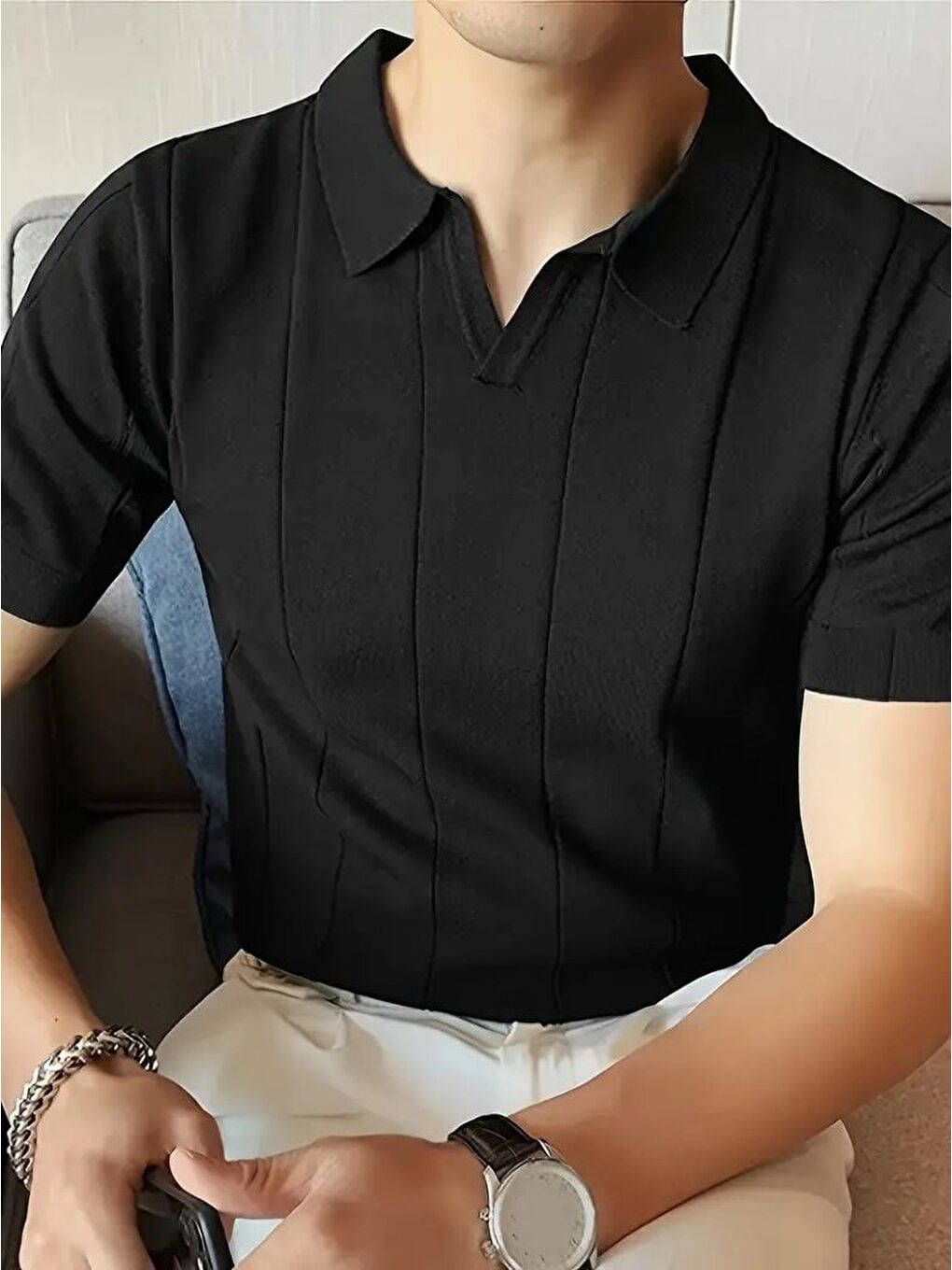 Siyah Erkek Kısa Kollu Polo Yakalı Triko Tshirt-1