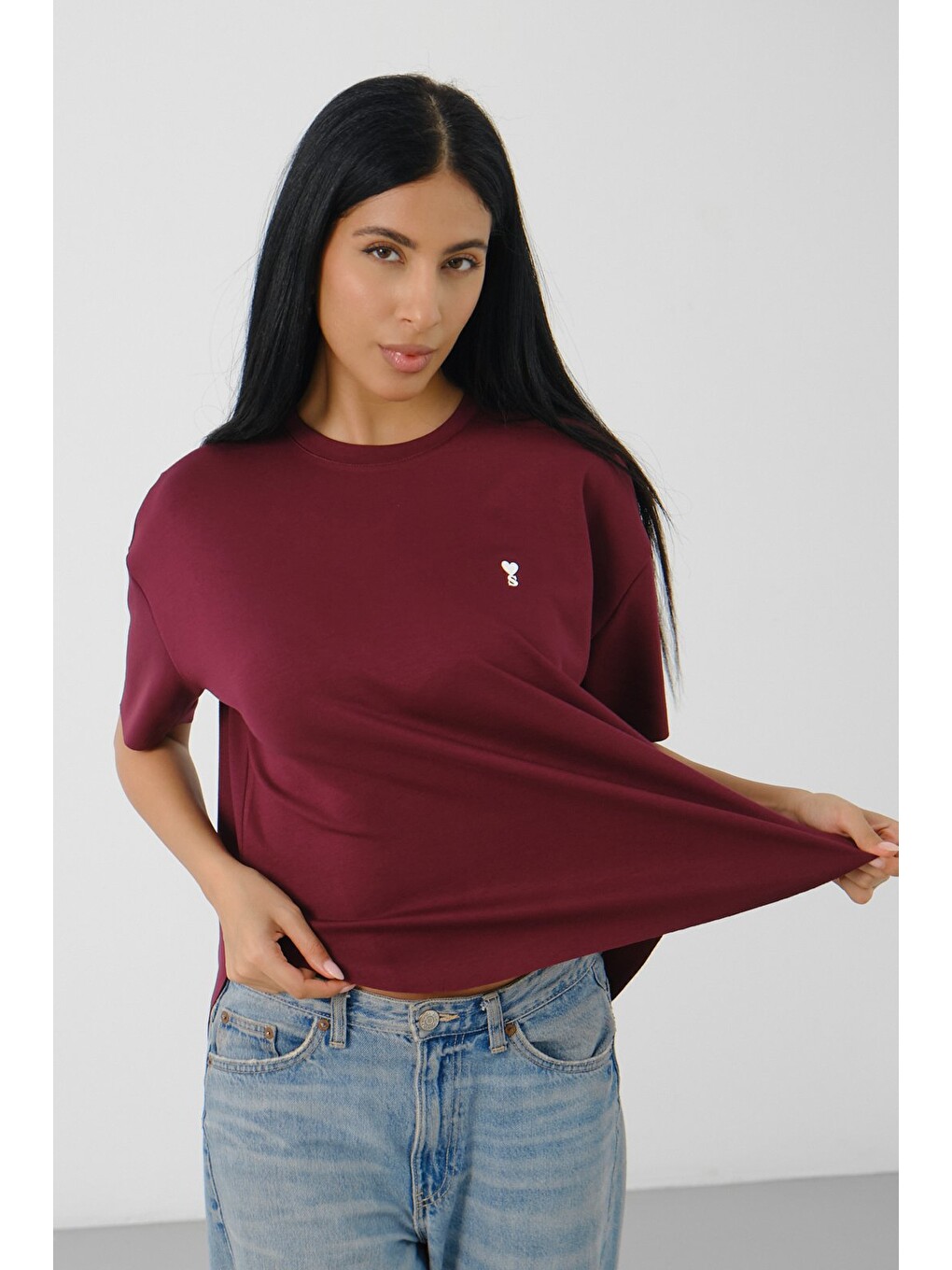 Bordo Kadın Oversize Boxy T-Shirt Bisiklet Yaka Rahat Kalıp Tişört-4