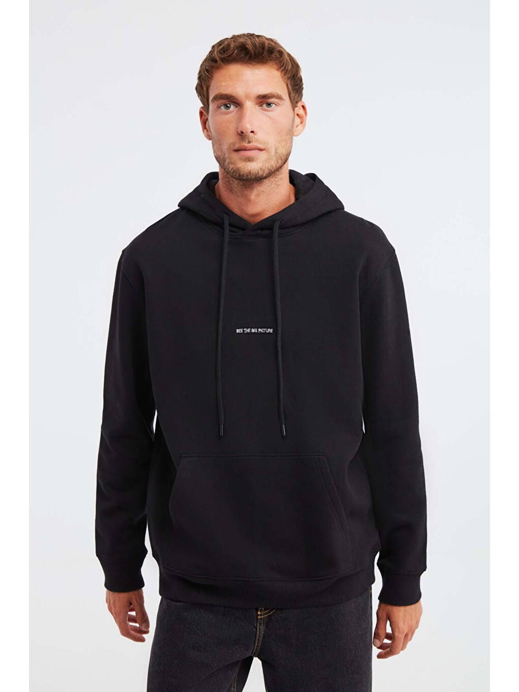 Epıc Erkek Organik Pamuklu Yumuşacık Nakış Detaylı Kapüşonlu Kordonlu Regular Siyah Sweatshirt-4