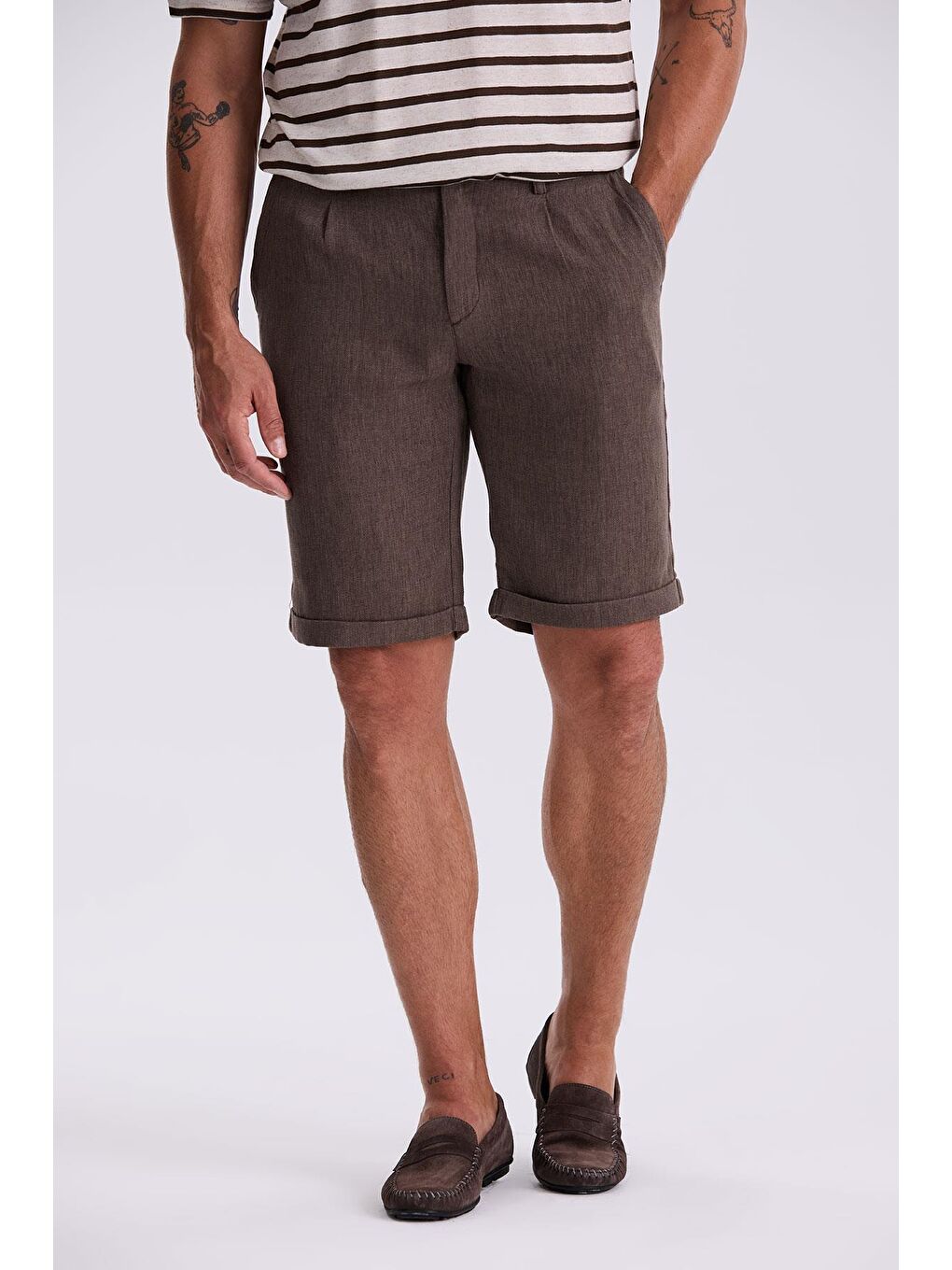 Kahverengi Kahve Comfort Fit Keten Dokulu Rahat Kesim Duble Paça Şort