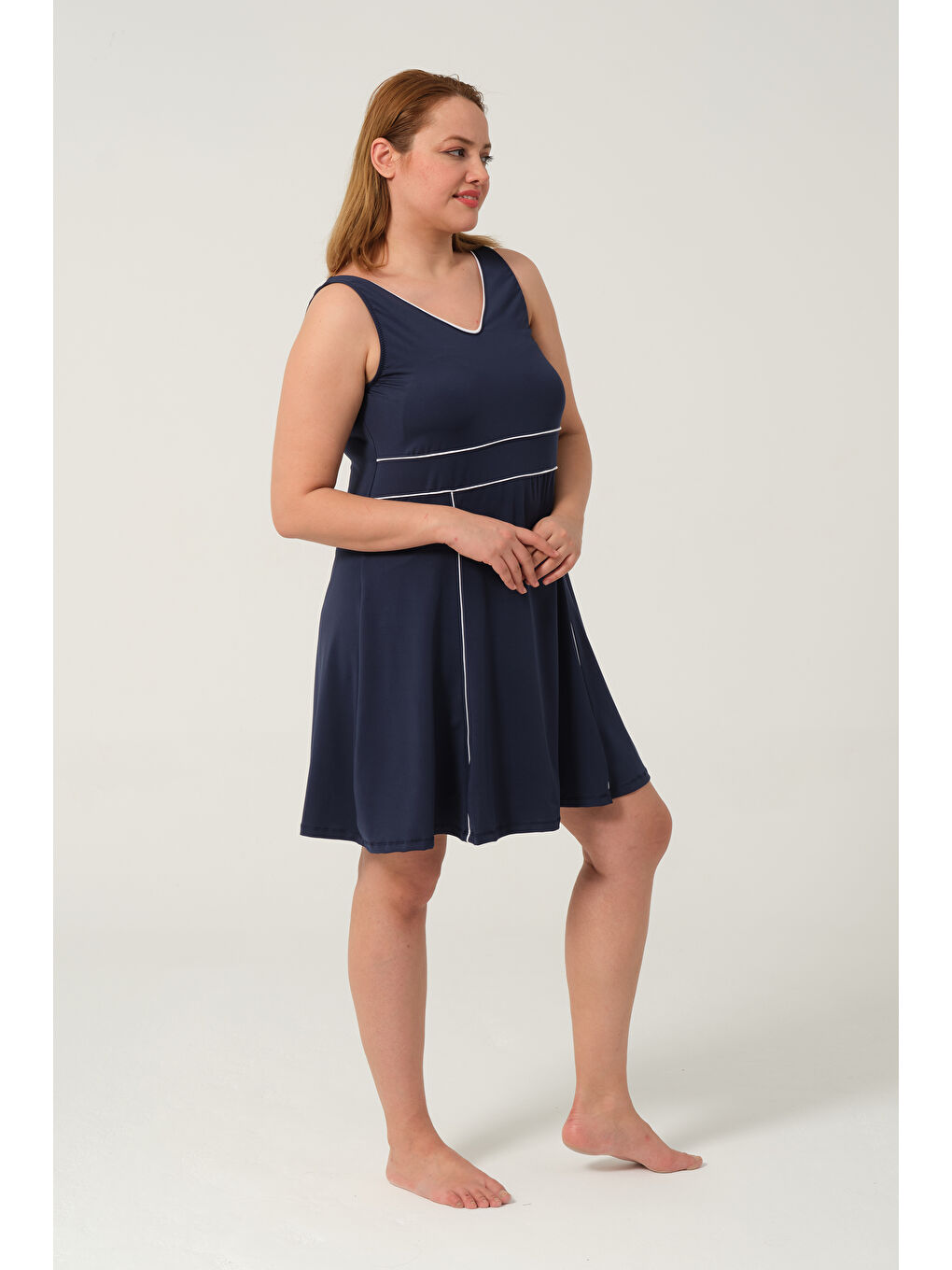 Lacivert Kadın Sıfır Kol Büyük Beden Şortlu Hızlı Kuruyan Biyeli Şortlu Elbise Mayo-3
