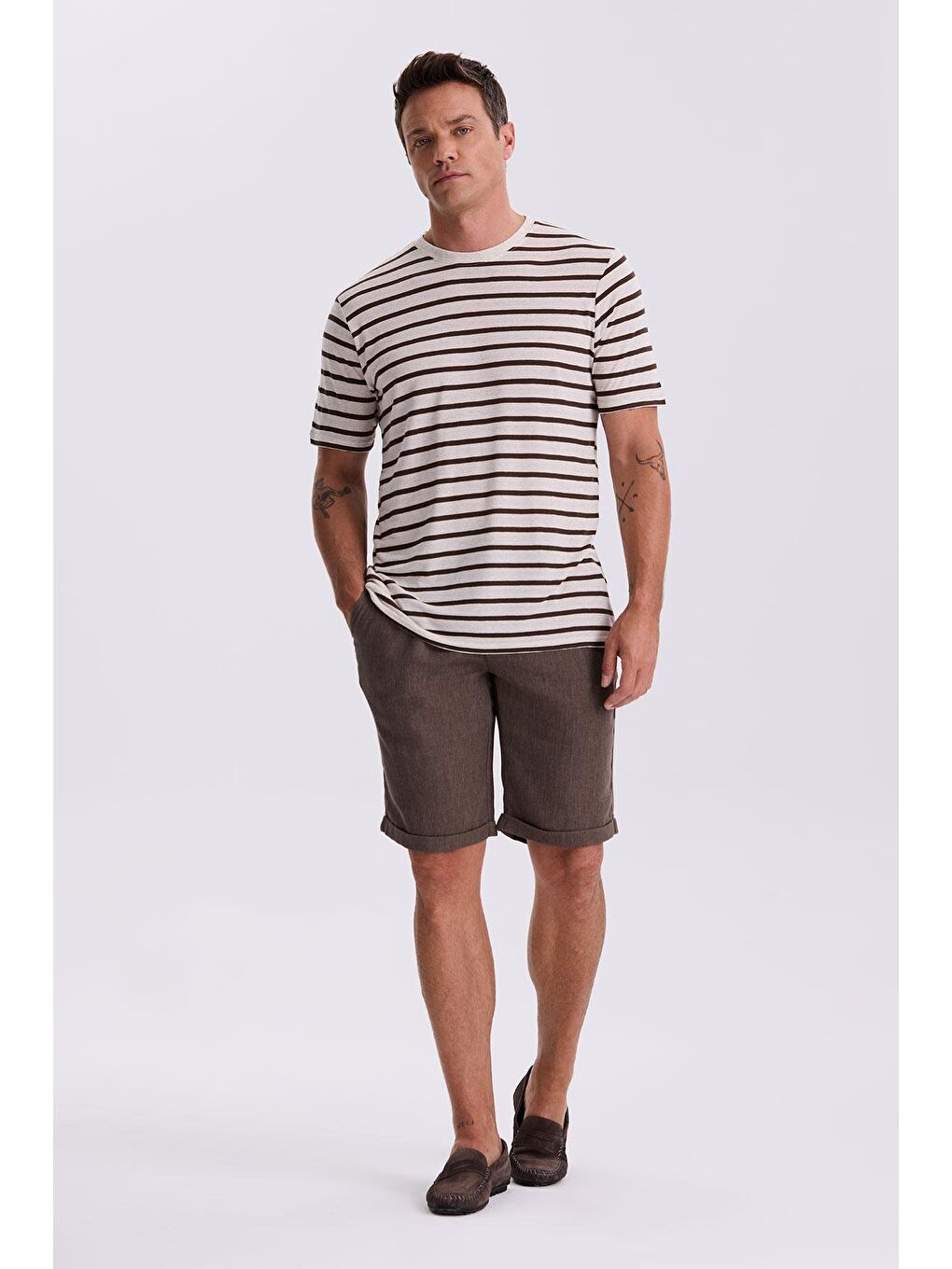 Kahverengi Kahve Comfort Fit Keten Dokulu Rahat Kesim Duble Paça Şort-1