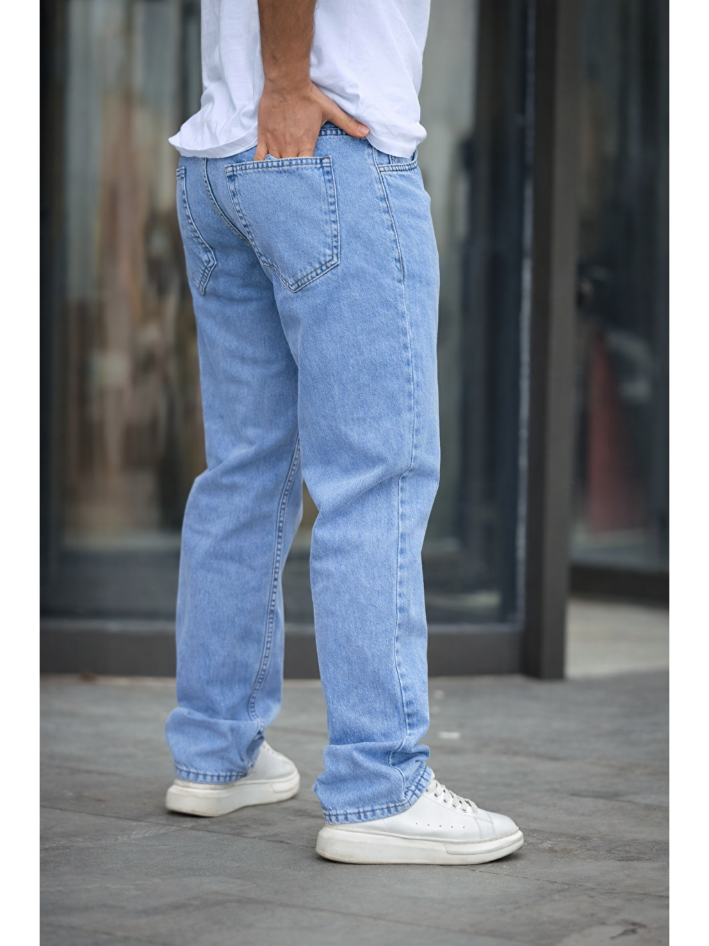 Mavi Erkek Baggy Rahat Kalıp Bel Lastikli Pantolon-3