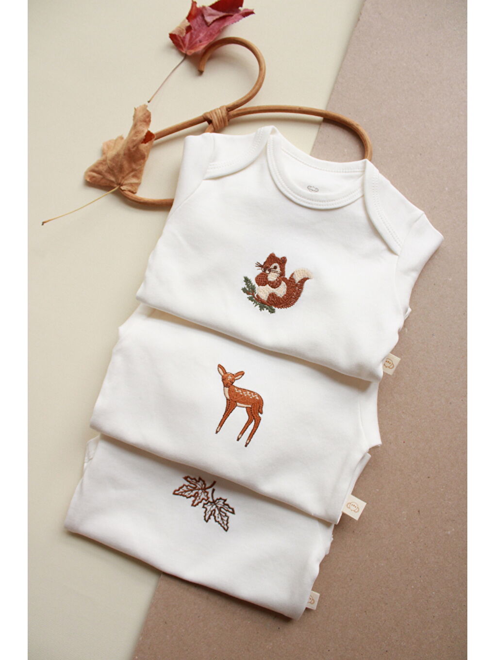 Ekru 3'lü Forest Serisi Uzun Kollu Çıt Çıtlı Body Zıbın Model 10-1