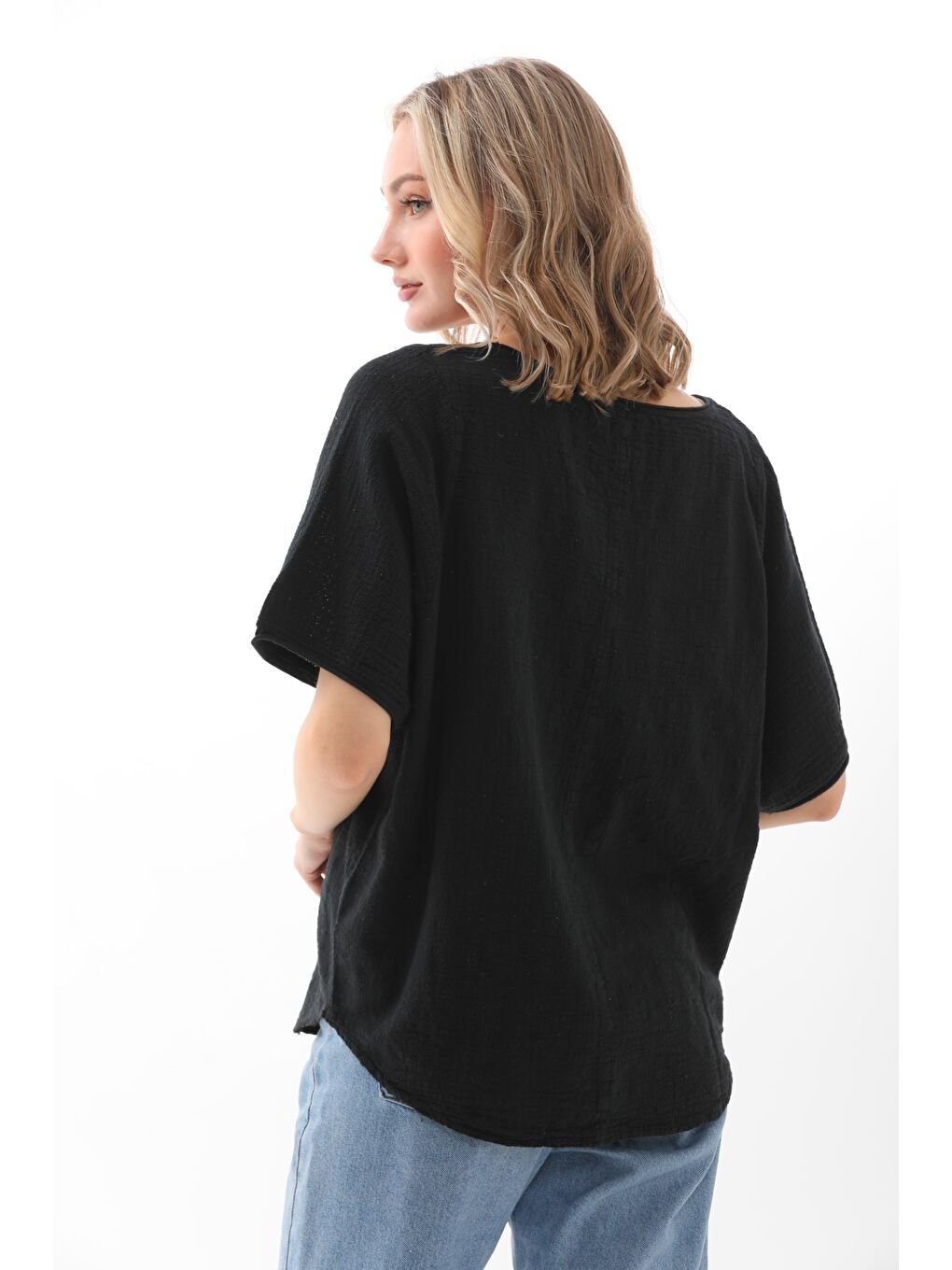 Siyah Kayık Yaka Kısa Kol Yıkamalı Pamuklu Dokuma Basic Casual Bluz-6