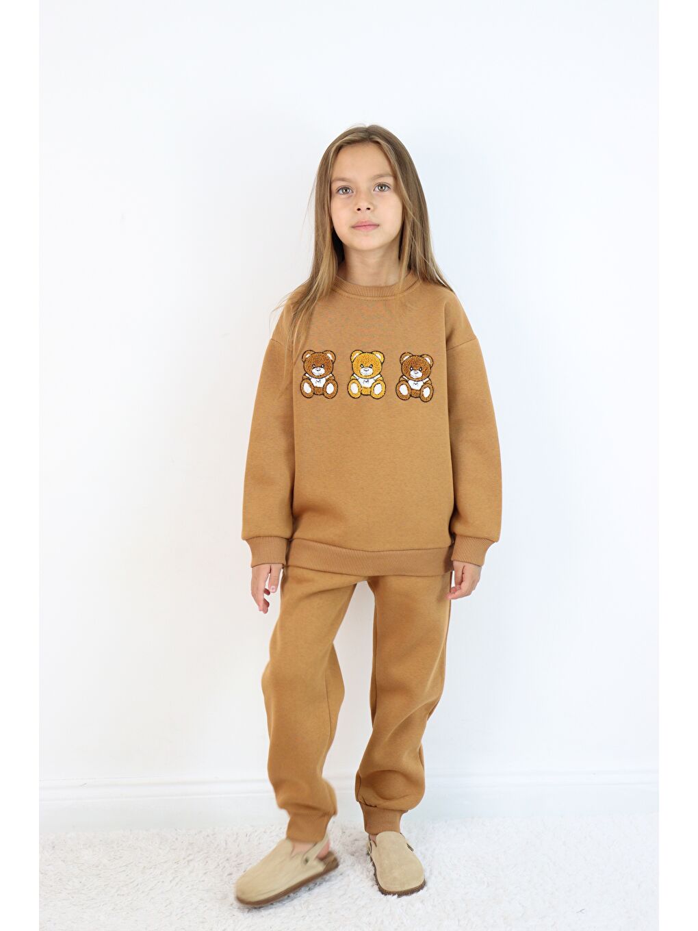Kahverengi Kız Çocuk 3'lü Ayıcık Nakışlı 3 İplik Oversize Şardonlu Takım-4
