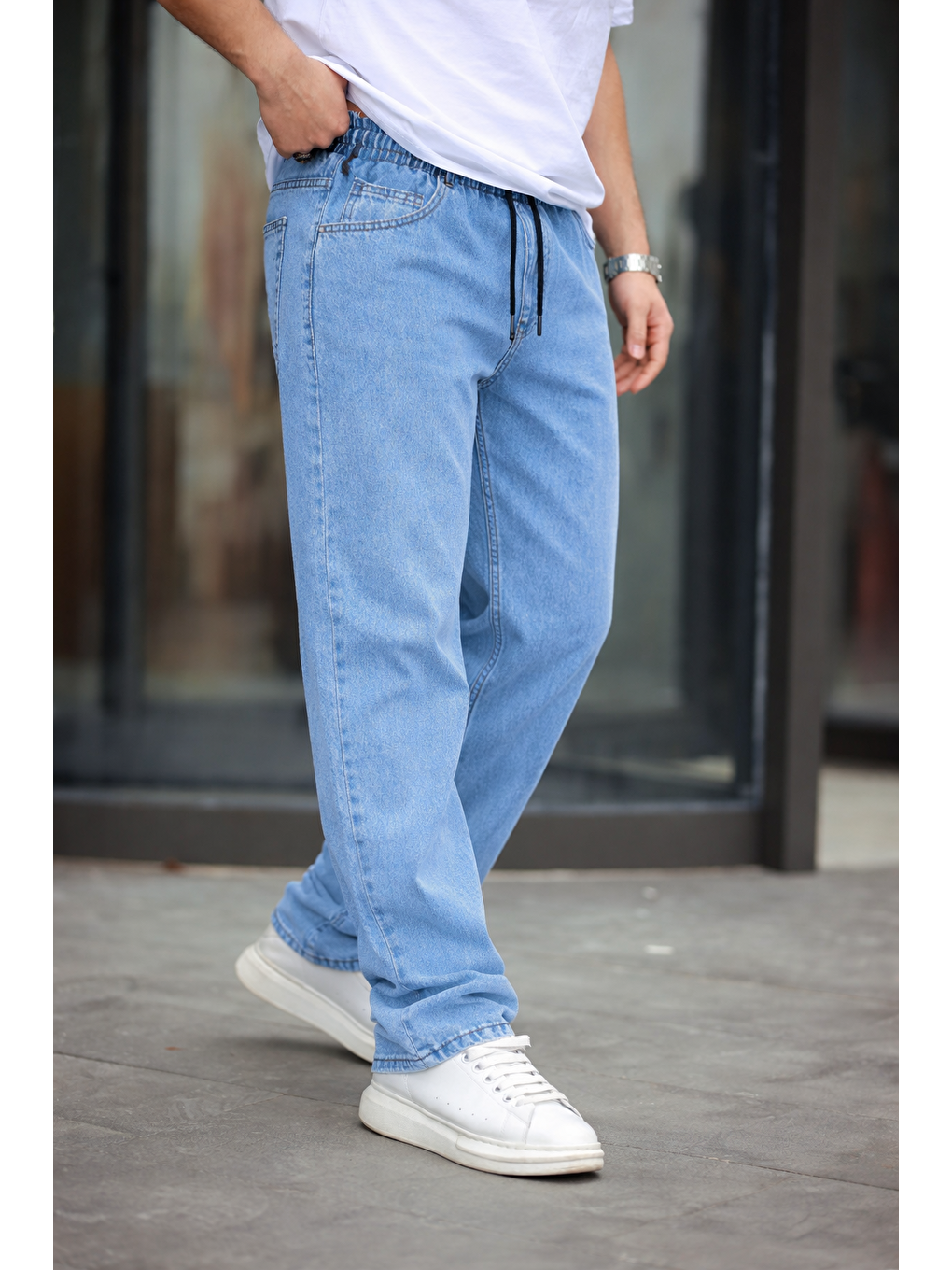 Mavi Erkek Baggy Rahat Kalıp Bel Lastikli Pantolon-4