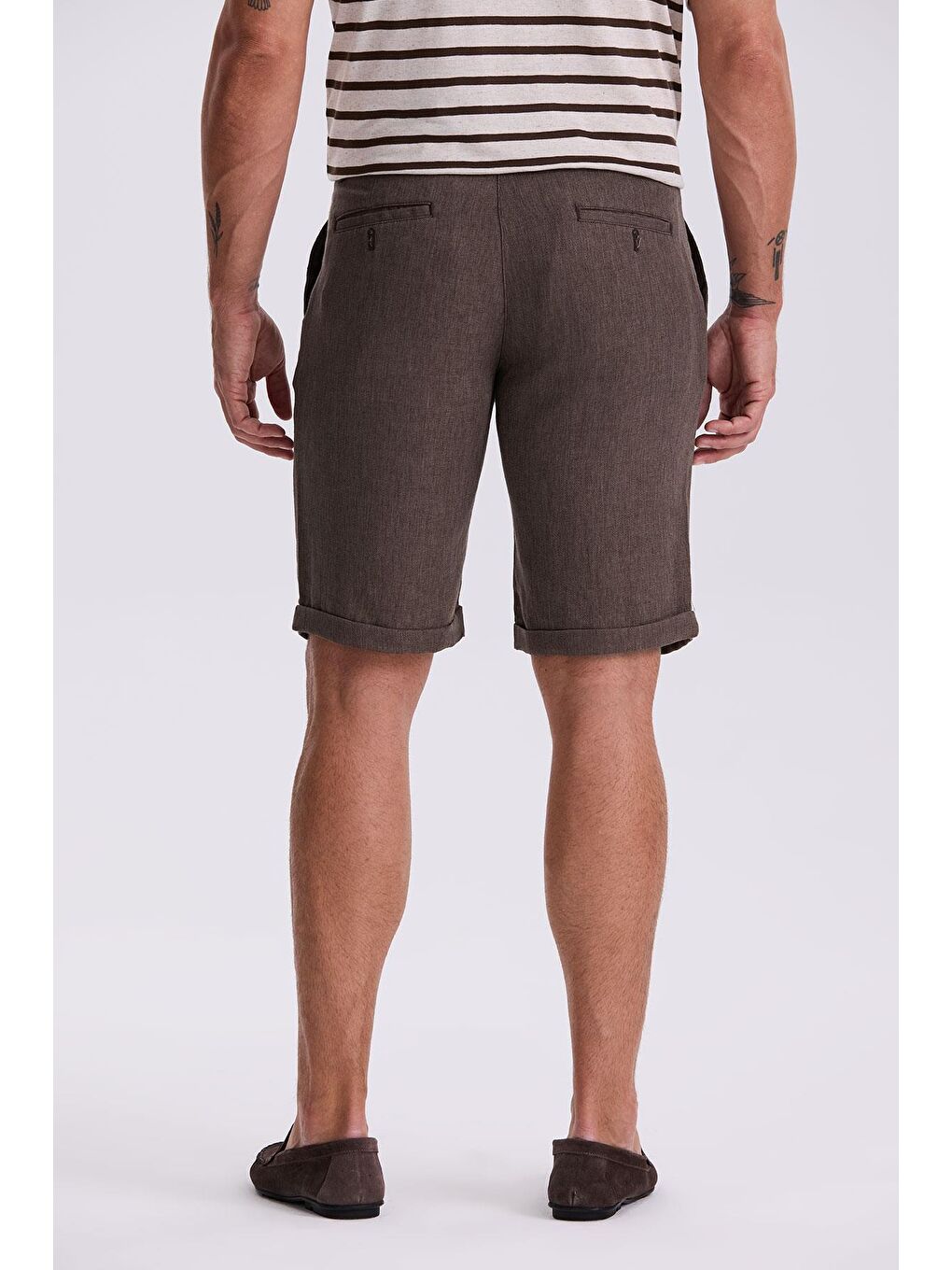 Kahverengi Kahve Comfort Fit Keten Dokulu Rahat Kesim Duble Paça Şort-3