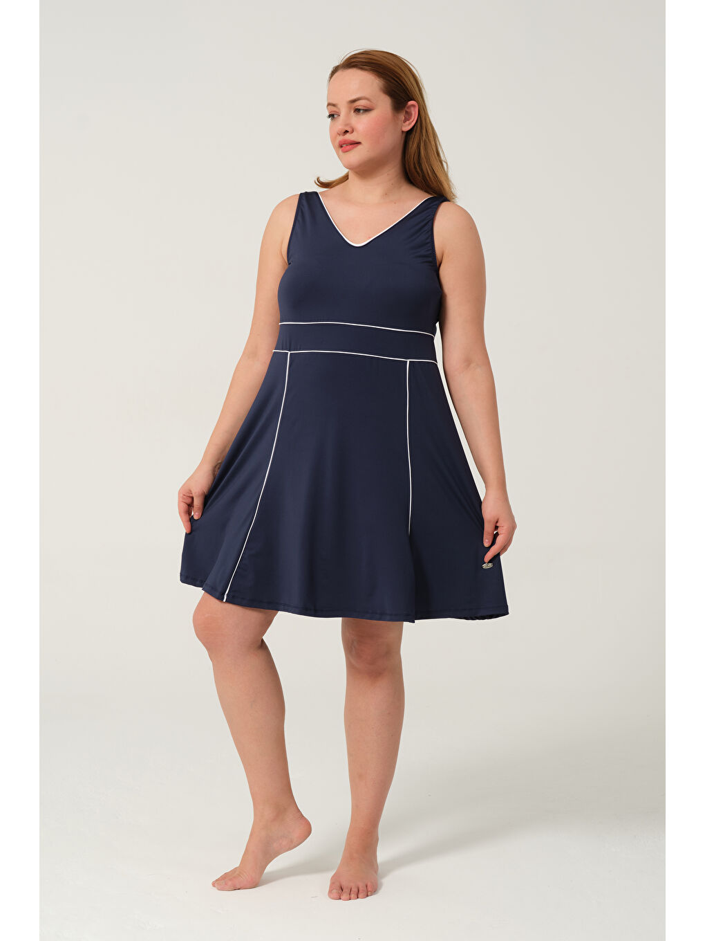 Lacivert Kadın Sıfır Kol Büyük Beden Şortlu Hızlı Kuruyan Biyeli Şortlu Elbise Mayo-4