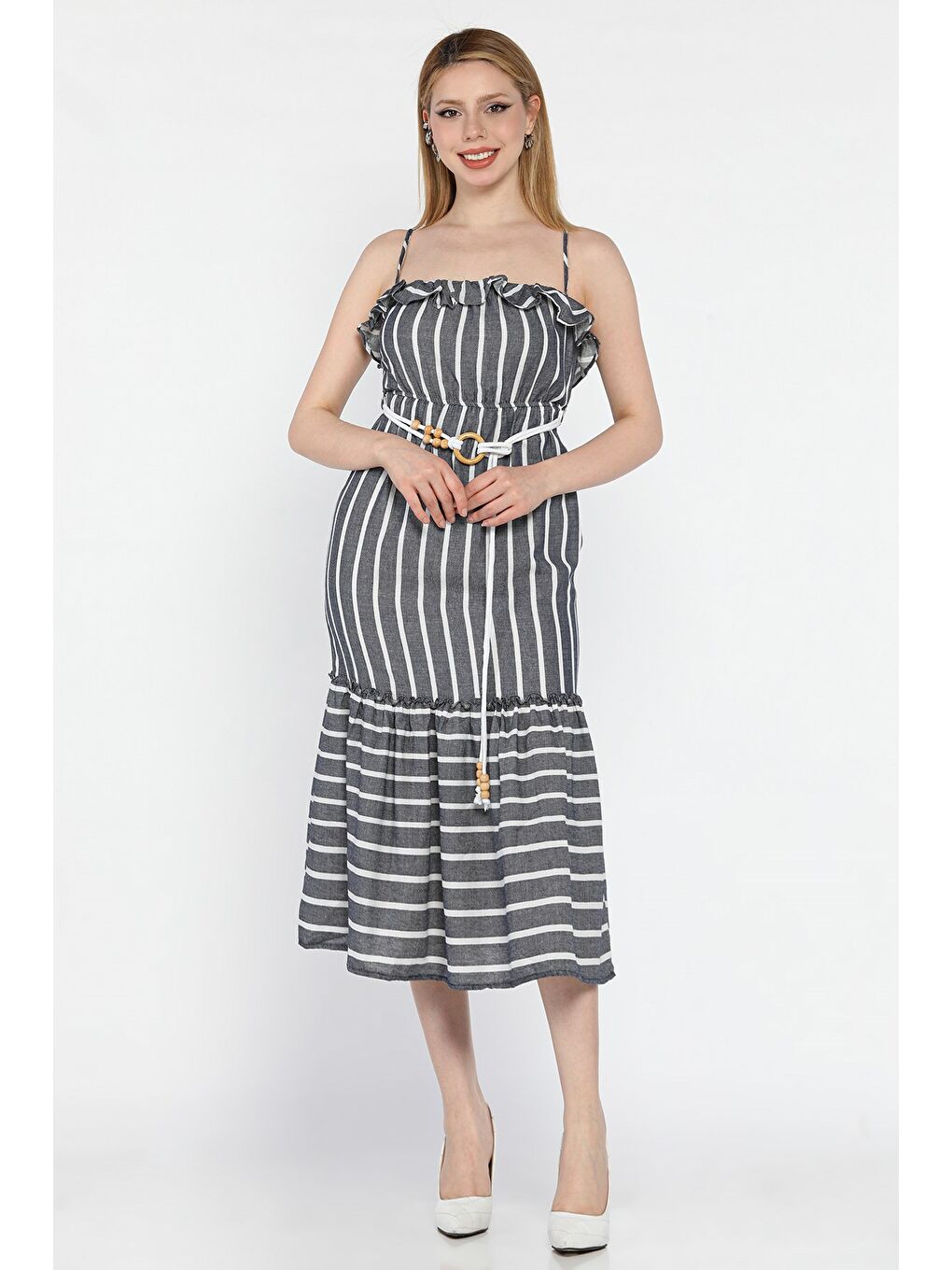 Lacivert Kadın Ayarlanabilir Askılı Fırfırlı Hasır Kemerli Çizgi Desenli Elbise-1