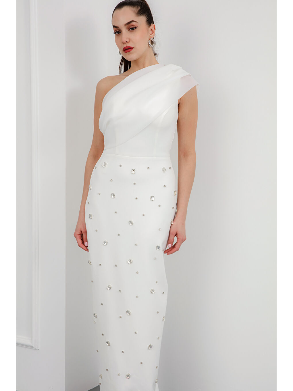 Kadın Beyaz Tek Omuz Taşlı Söz Nişan Nikah Abiye Elbise-2