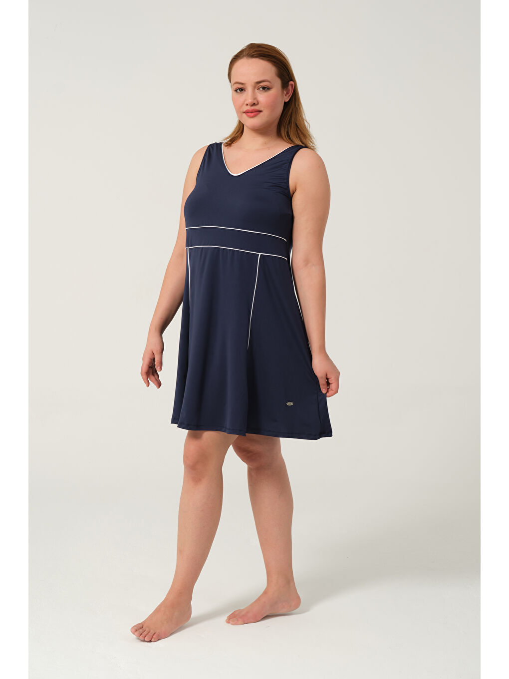 Lacivert Kadın Sıfır Kol Büyük Beden Şortlu Hızlı Kuruyan Biyeli Şortlu Elbise Mayo-5