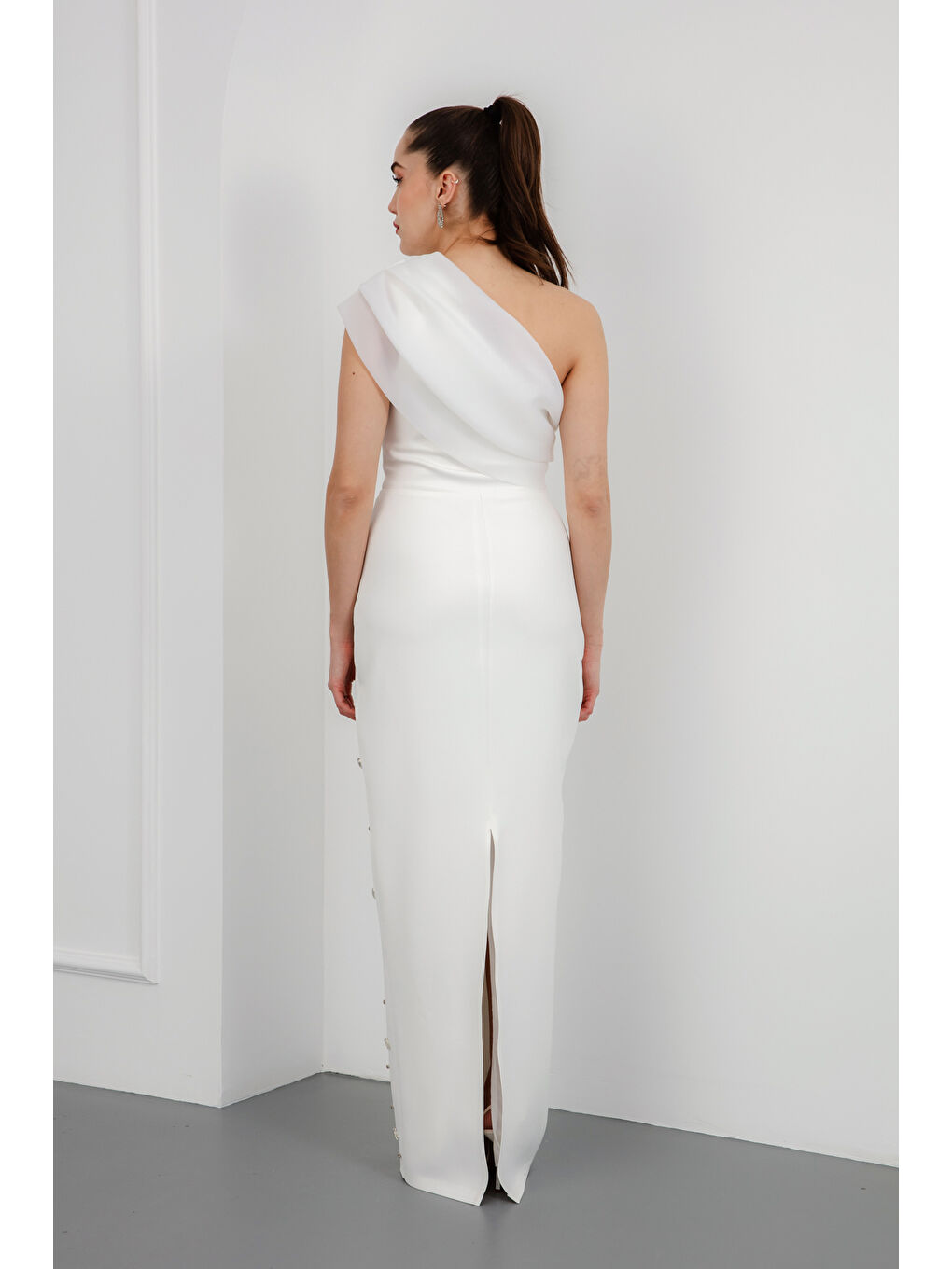 Kadın Beyaz Tek Omuz Taşlı Söz Nişan Nikah Abiye Elbise-4