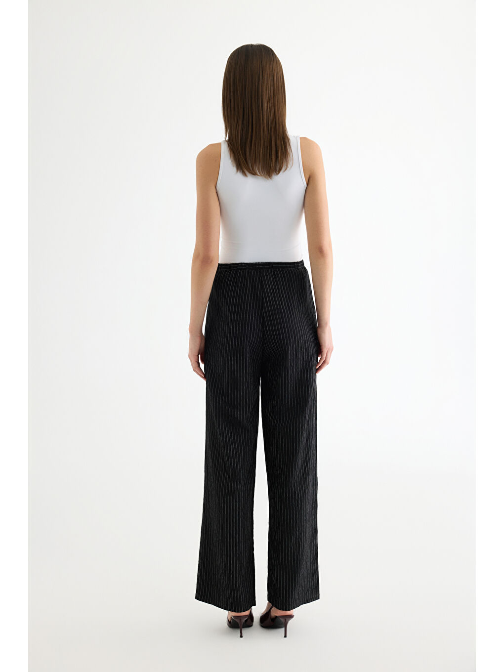 Çizgili Bağcıklı Bol Paça Pantolon Siyah-4