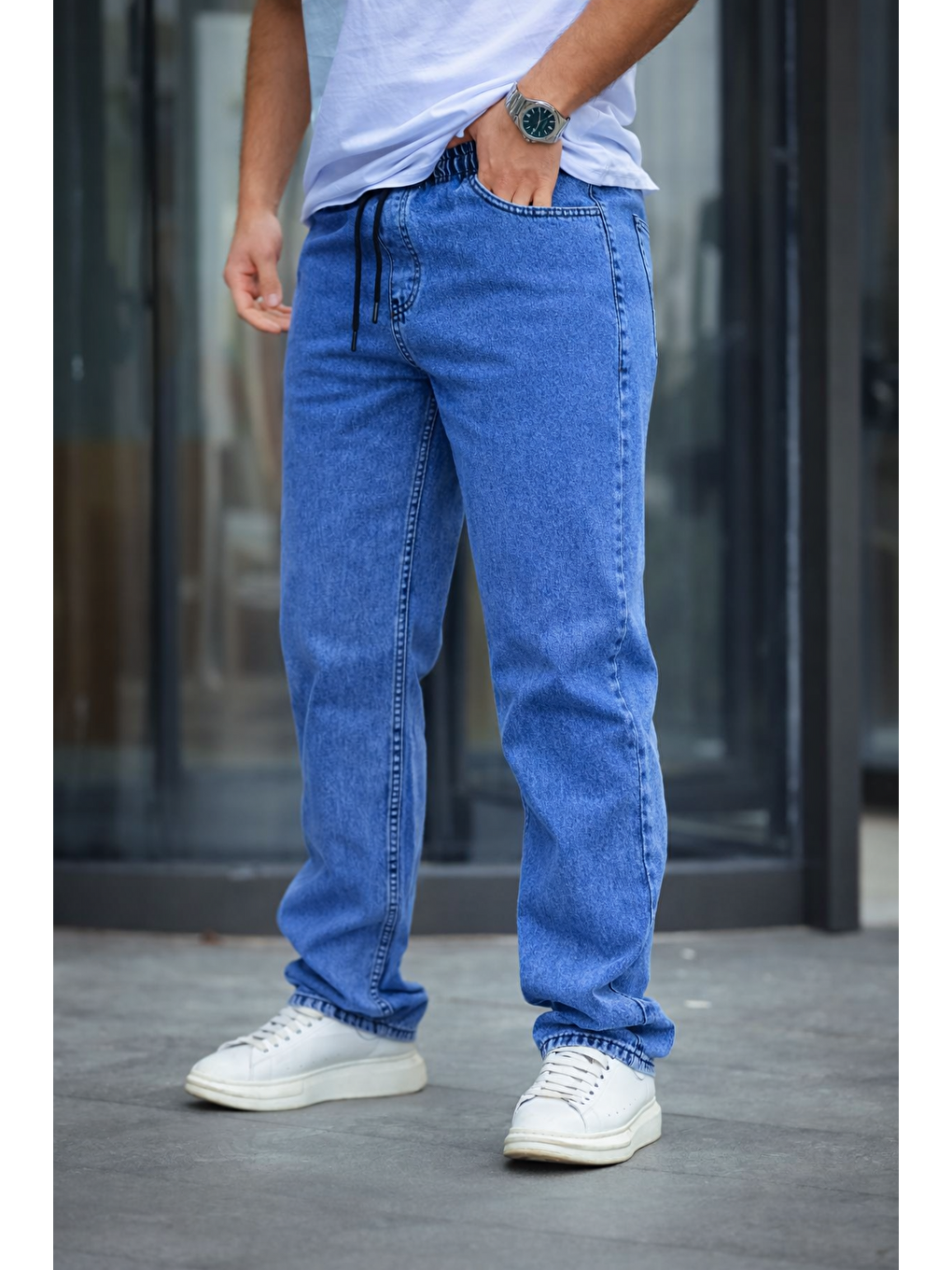 Mavi Erkek Baggy Rahat Kalıp Bel Lastikli Pantolon-1