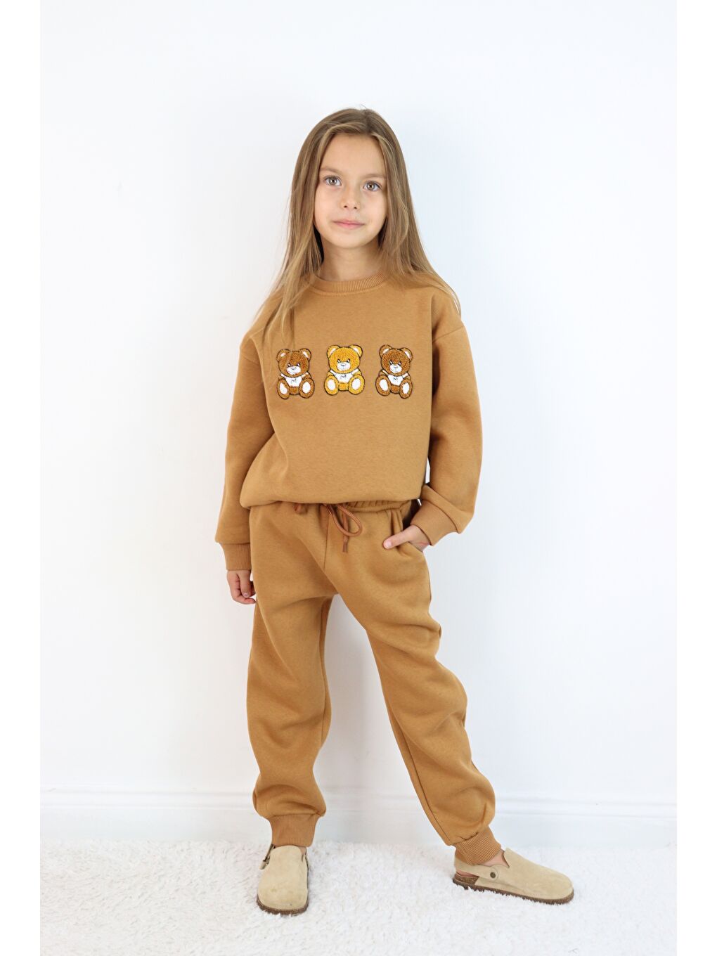 Kahverengi Kız Çocuk 3'lü Ayıcık Nakışlı 3 İplik Oversize Şardonlu Takım-5