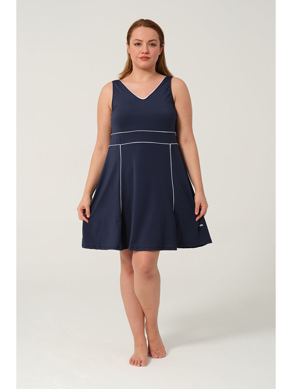 Lacivert Kadın Sıfır Kol Büyük Beden Şortlu Hızlı Kuruyan Biyeli Şortlu Elbise Mayo-6