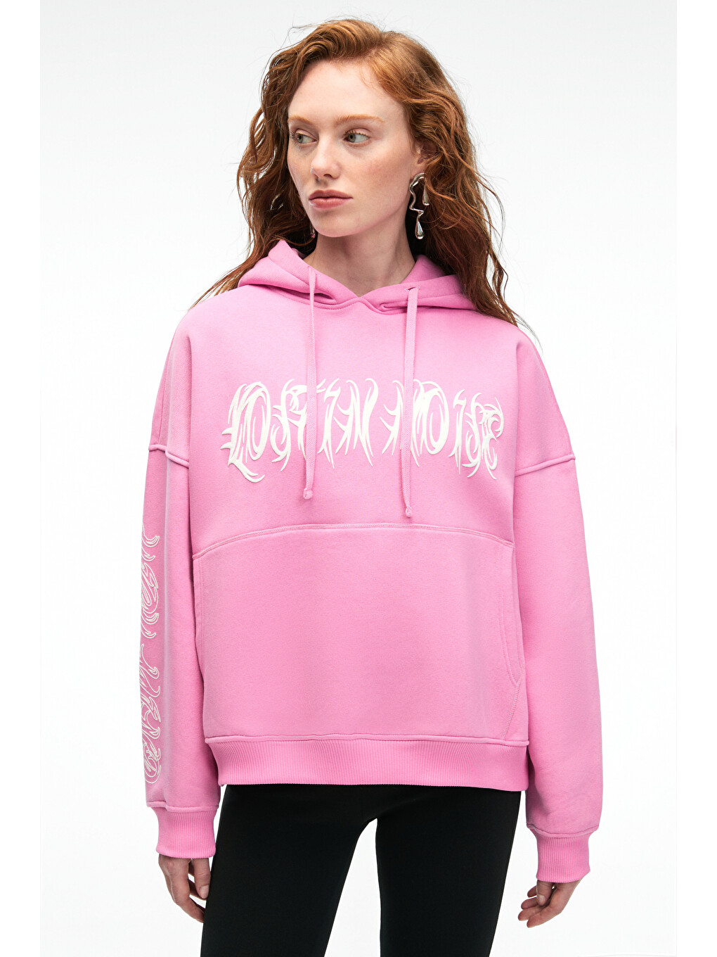 Alırayne Kadın Baskılı Oversize Kapüşonlu Kanguru Cep Pembe Sweatshirt