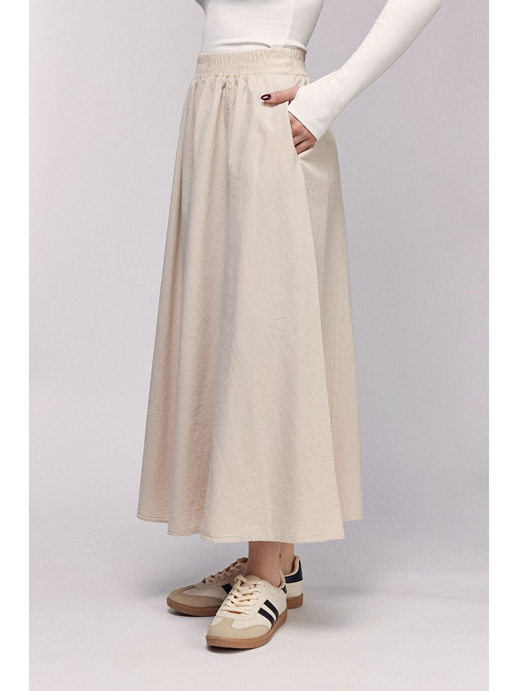 Bej Kadın A Kesim Yüksek Bel Cepli Dökümlü Kloş Etek - Dokulu Keten