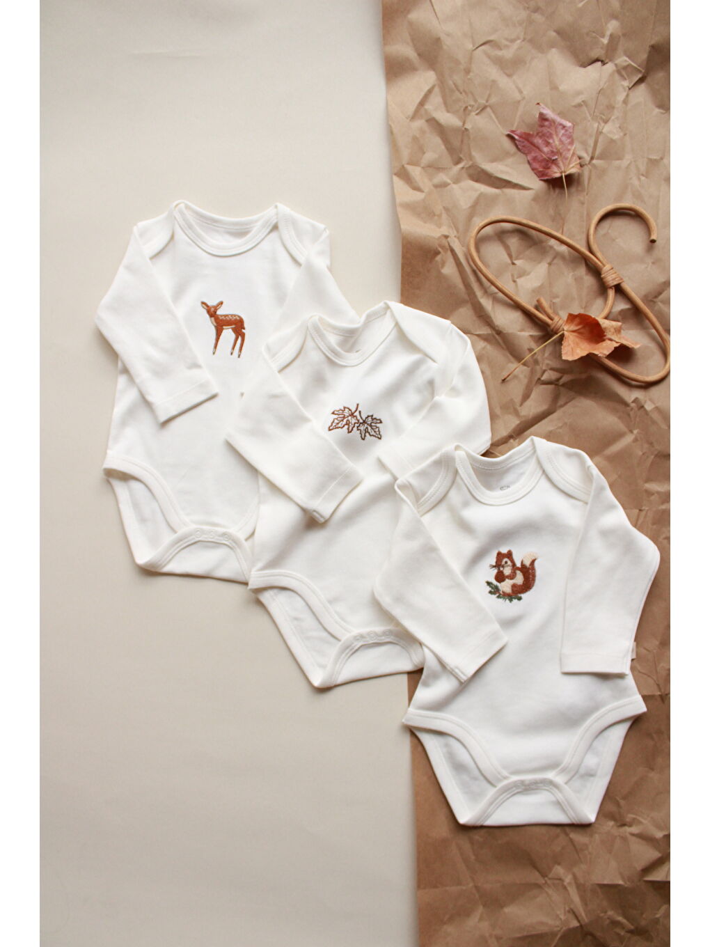 Ekru 3'lü Forest Serisi Uzun Kollu Çıt Çıtlı Body Zıbın Model 10-3