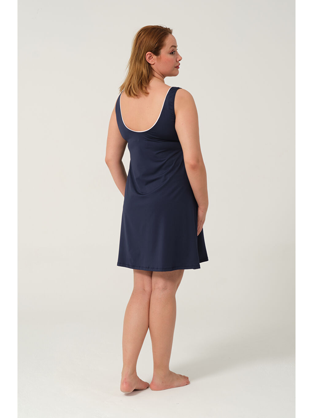 Lacivert Kadın Sıfır Kol Büyük Beden Şortlu Hızlı Kuruyan Biyeli Şortlu Elbise Mayo-7